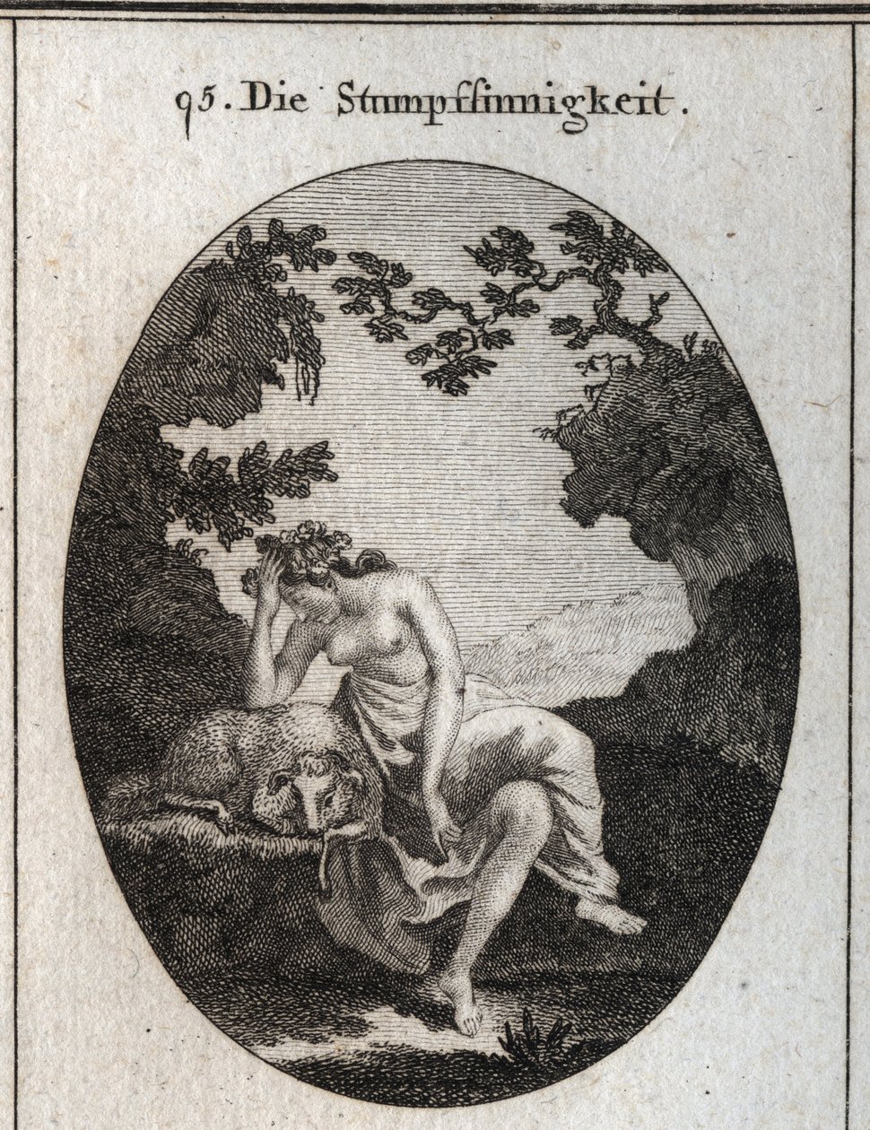 Alegoria de estupidez. Está apoiado numa ovelha, um animal naturalmente estúpido. Gravação em "Iconologie oder Ideen aus dem Gebiet der Leidenschaften und Allegorien bildestellt fur Zeichner, Mahler, Dichter, Gelehrte, Erzieher und freunde Hoherer Gesc de Austrian School