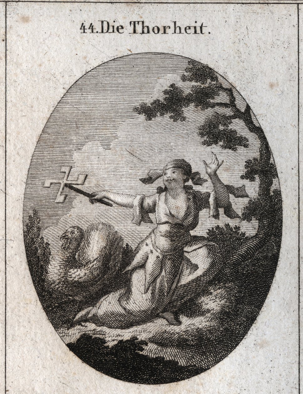 Alegoria de estupidez personificada por uma mulher ridícula que segura um carretel de cartas que gira ao vento e ri do qual ela ri. Gravação em "Iconologie oder Ideen aus dem Gebiete der Leidenschaften und Allegorien bildestellt dargestellt fur Zeichner", de Austrian School