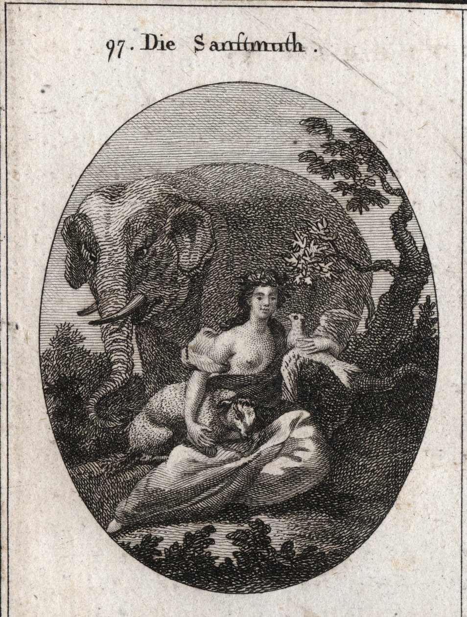 Alegoria da doçura ou mansuetude, coroa de oliveiras para o símbolo da paz. Seu atributo é o elefante, representando a bondade do coração, o cordeiro símbolo da mansuetude e a pomba, emblema da doçura. Gravura em "Iconologie oder Ideen de Austrian School