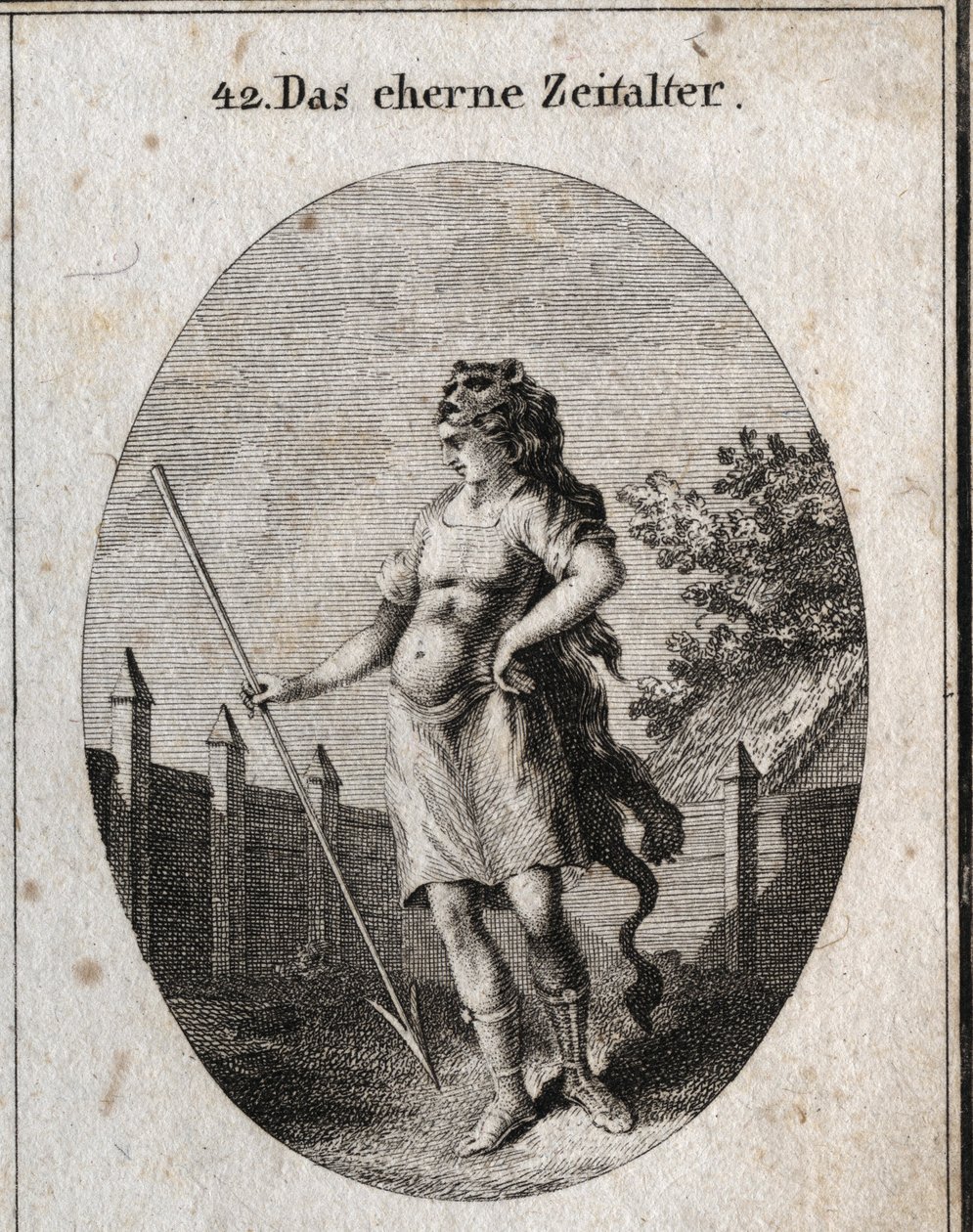 Alegoria da Idade do Cobre representa como uma sentinela perto de uma cerca, numa atitude de orgulho, a arma de um cadáver e um dardo e tampa de uma pele de leão. Gravura em "Iconologie oder Ideen aus dem Gebiete der Leidenschaften und Allegorien bildestel de Austrian School