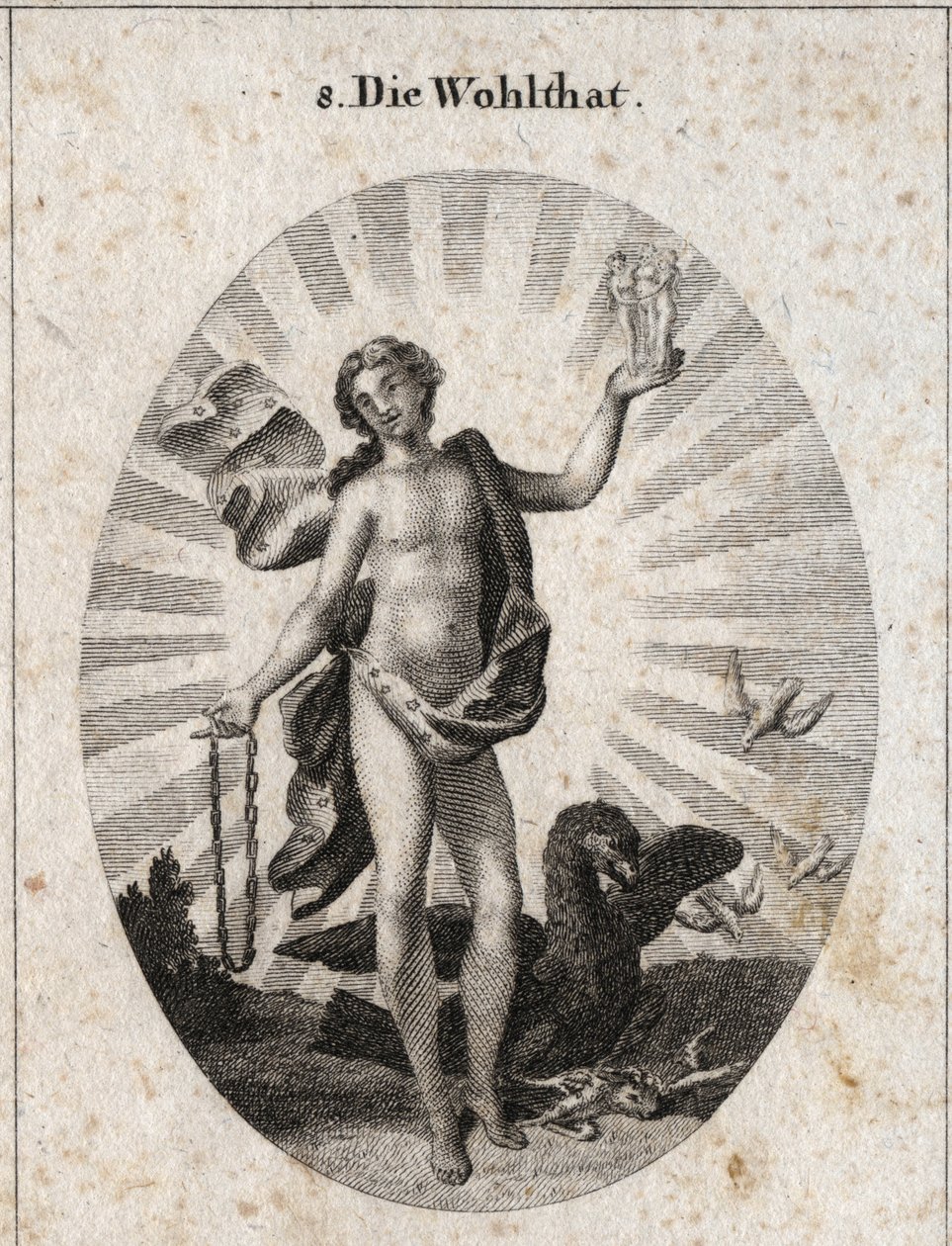 Alegoria da bênção representada por um jovem bonito com um rosto risonho. A sua roupagem está salpicada de estrelas e rodeada de raios de luz, com uma mão ele segura as graças e na outra uma corrente de ouro. A águia perto dele compartilha a sua presa ( de Austrian School