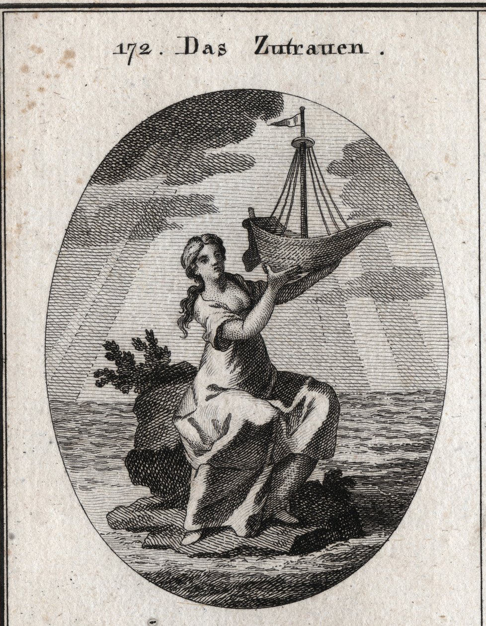 Alegoria da confiança representada por uma mulher sentada em um lugar no meio do mar e segurando na mão um navio que ela levantou. Gravura em "Iconologie oder Ideen aus dem Gebiete der Leidenschaften und Allegorien bildestellt dargestellt fur Zeichne de Austrian School