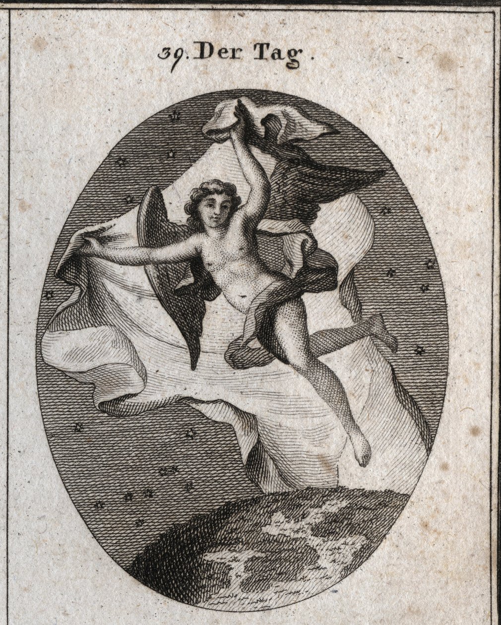 Alegoria do dia voando rapidamente e escondendo a noite e as estrelas usando um véu grande e brilhante. Gravação em "Iconologie oder Ideen aus dem Gebiet der Leidenschaften und Allegorien bildestellt fur Zeichner, Mahler, Dichter, Gelehrte, Erzieher u de Austrian School