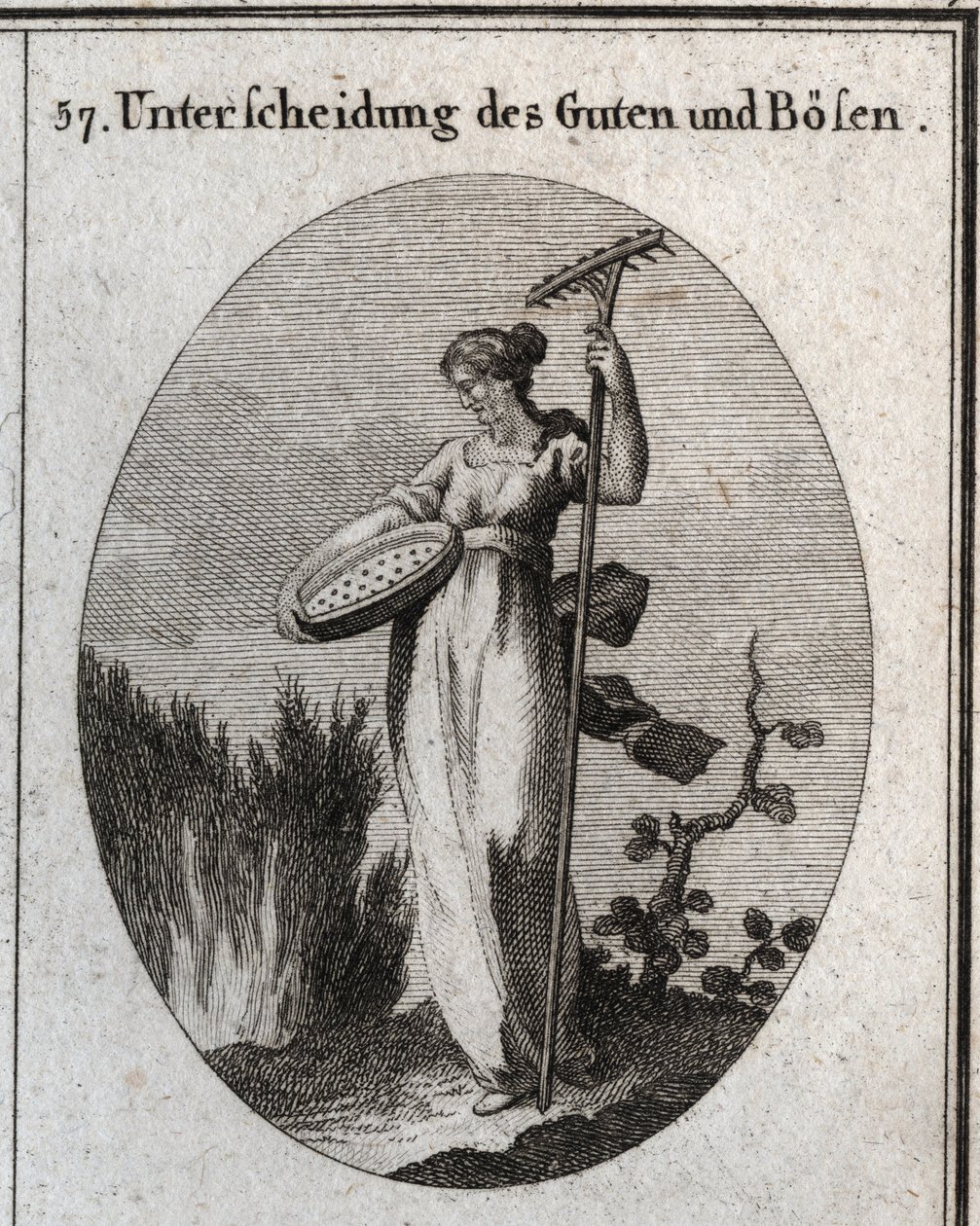 Alegoria da distinção entre bom e mau. A peneira separa o grão bom do joio e o ancinho é usado para remover as ervas daninhas. Gravura em "Iconologie oder Ideen aus dem Gebiete der Leidenschaften und Allegorien bildestellt dargestellt fur Zeichn de Austrian School