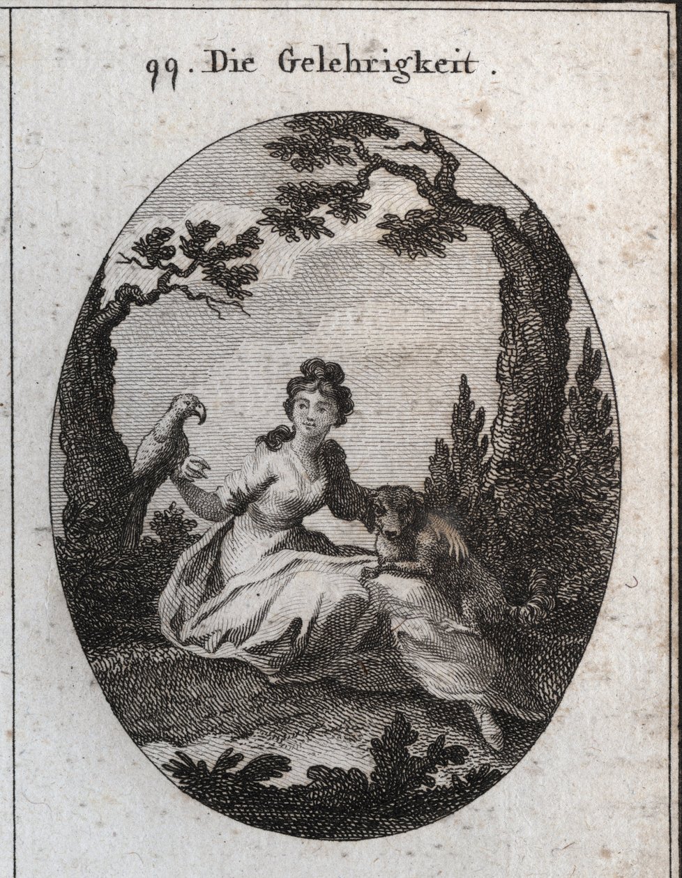 Alegoria da docilite. Seus atributos são o periquito e o cãozinho por causa de sua obediência e desejo de agradar. Gravura em "Iconologie oder Ideen aus dem Gebiete der Leidenschaften und Allegorien bildestellt dargestellt fur Zeichner, Mahler, de Austrian School