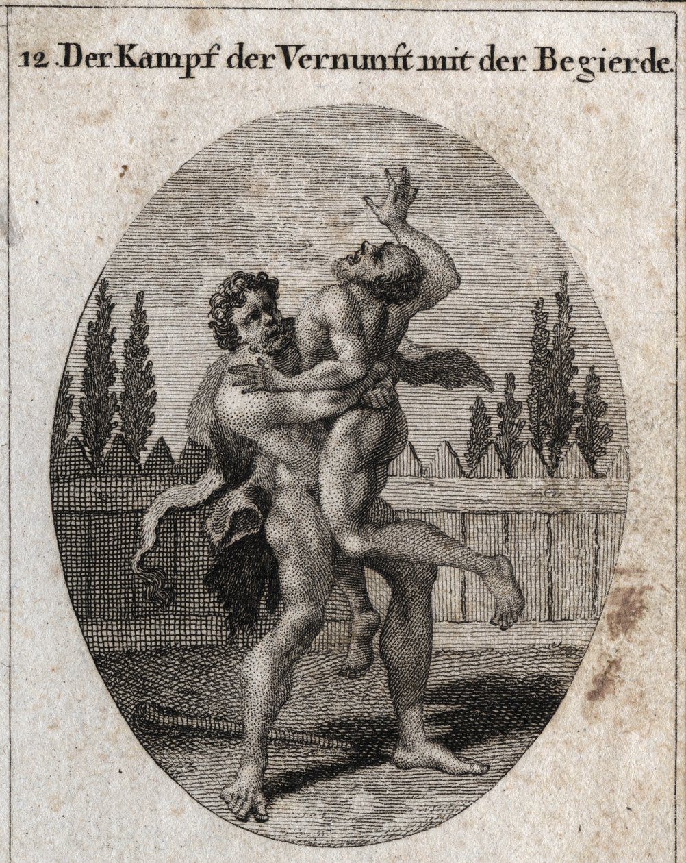 Alegoria da luta da razão e do apetite. O apetite terreno e carnal é representado por Ante e Hércules (Heracles) simboliza a razão, a força e a coragem que tira e abafa Ante. Gravação em "Iconologie oder Ideen aus dem Gebiete der Le de Austrian School