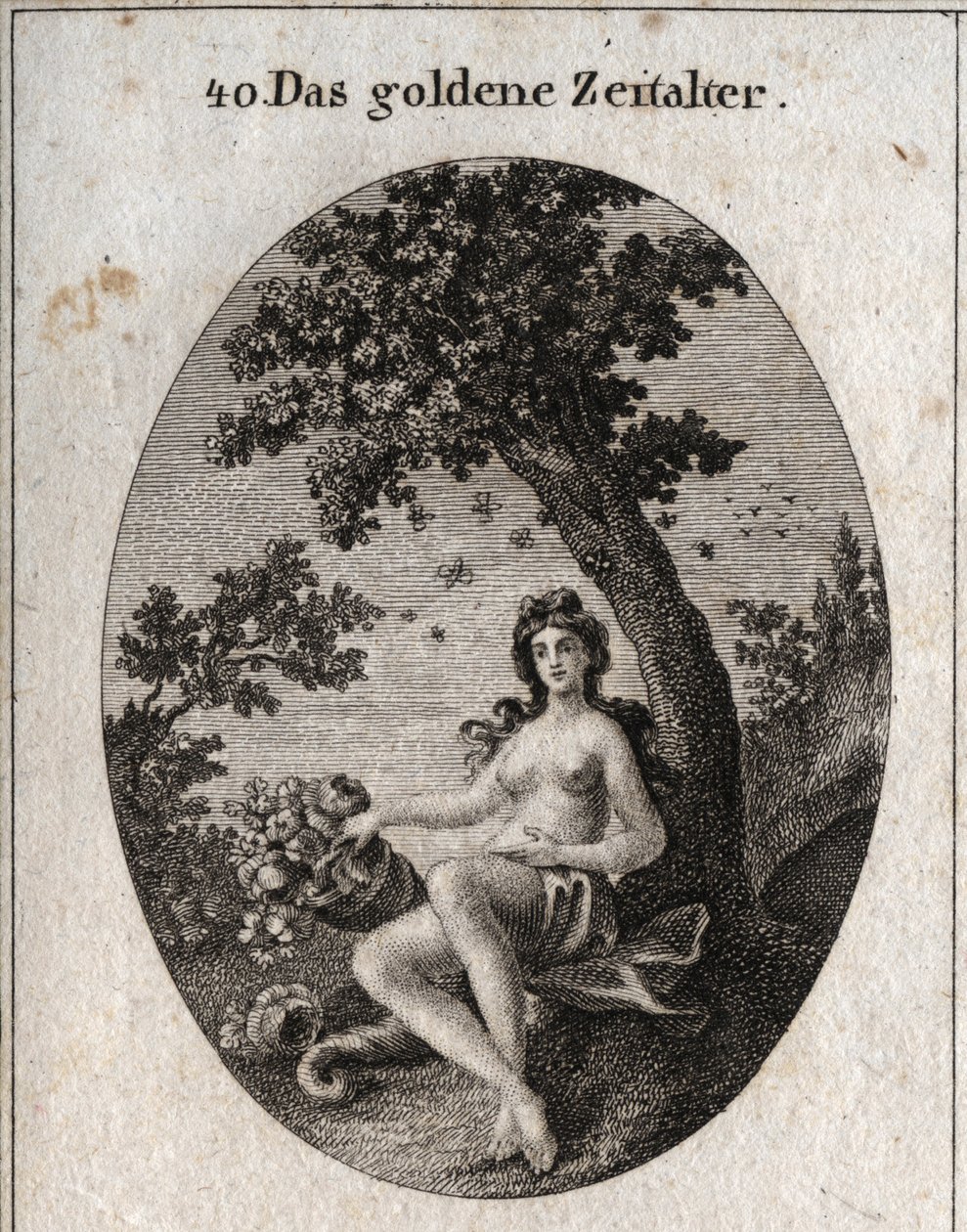 A alegoria da idade de ouro representa com um corno de abundância de frutos, sentado ao lado de uma oliveira símbolo de paz no meio da qual está um enxame de abelhas. Gravura em "Iconologie oder Ideen aus dem Gebiete der Leidenschaften und Allegorien bildi de Austrian School