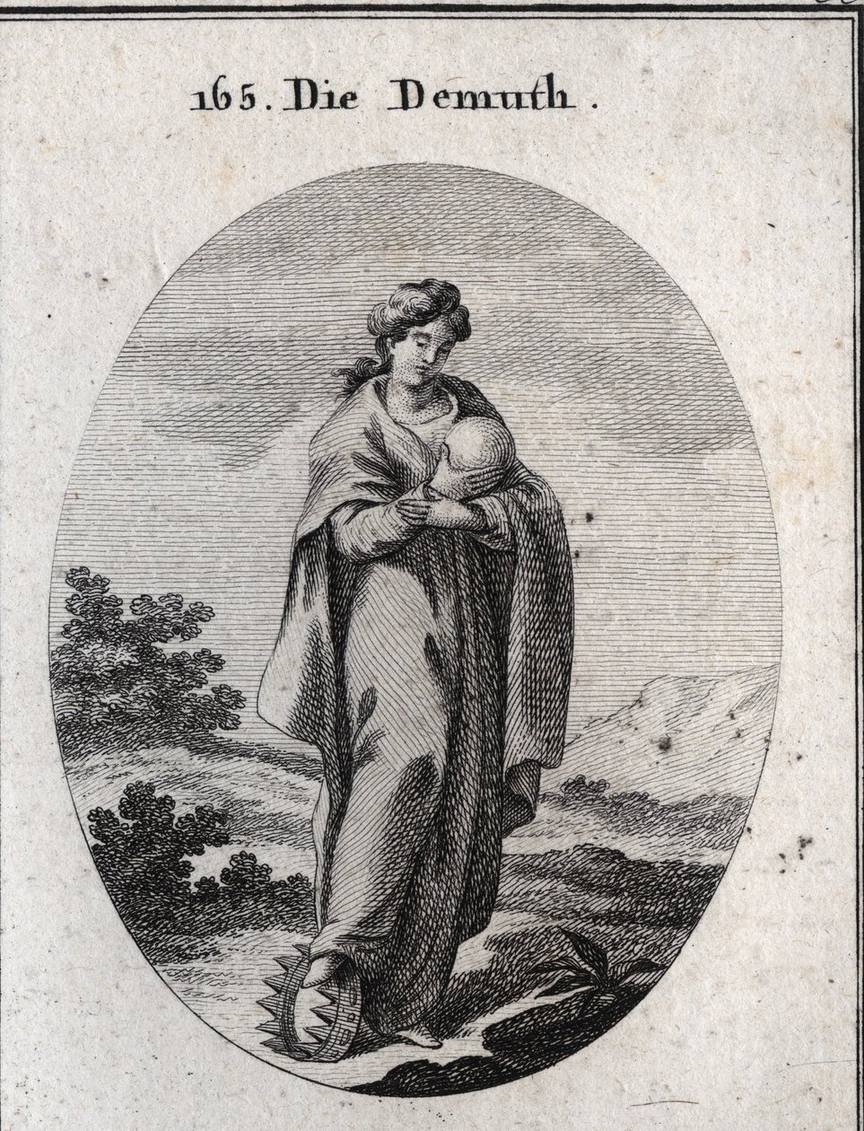 Alegoria da humildade. Sob o seu pé, uma coroa de ouro enriquecida com pedras preciosas. Dedain considera uma bola representando a terra da qual ela sente falta da grandeza. Gravura em "Iconologie oder Ideen aus dem Gebiete der Leidenschaften und Alleg de Austrian School