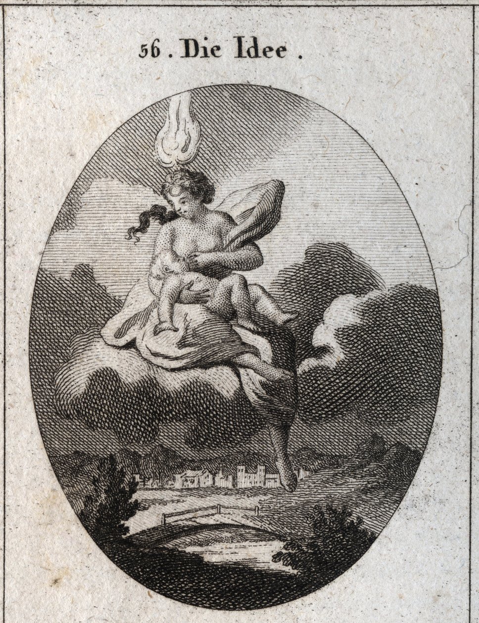 Alegoria da ideia representada com uma chama na cabeça e um círculo dourado na testa, amamentando uma criança. Gravura em "Iconologie oder Ideen aus dem Gebiete der Leidenschaften und Allegorien bildestellt fur Zeichner, Mahler, Dichter, Gelehrt de Austrian School
