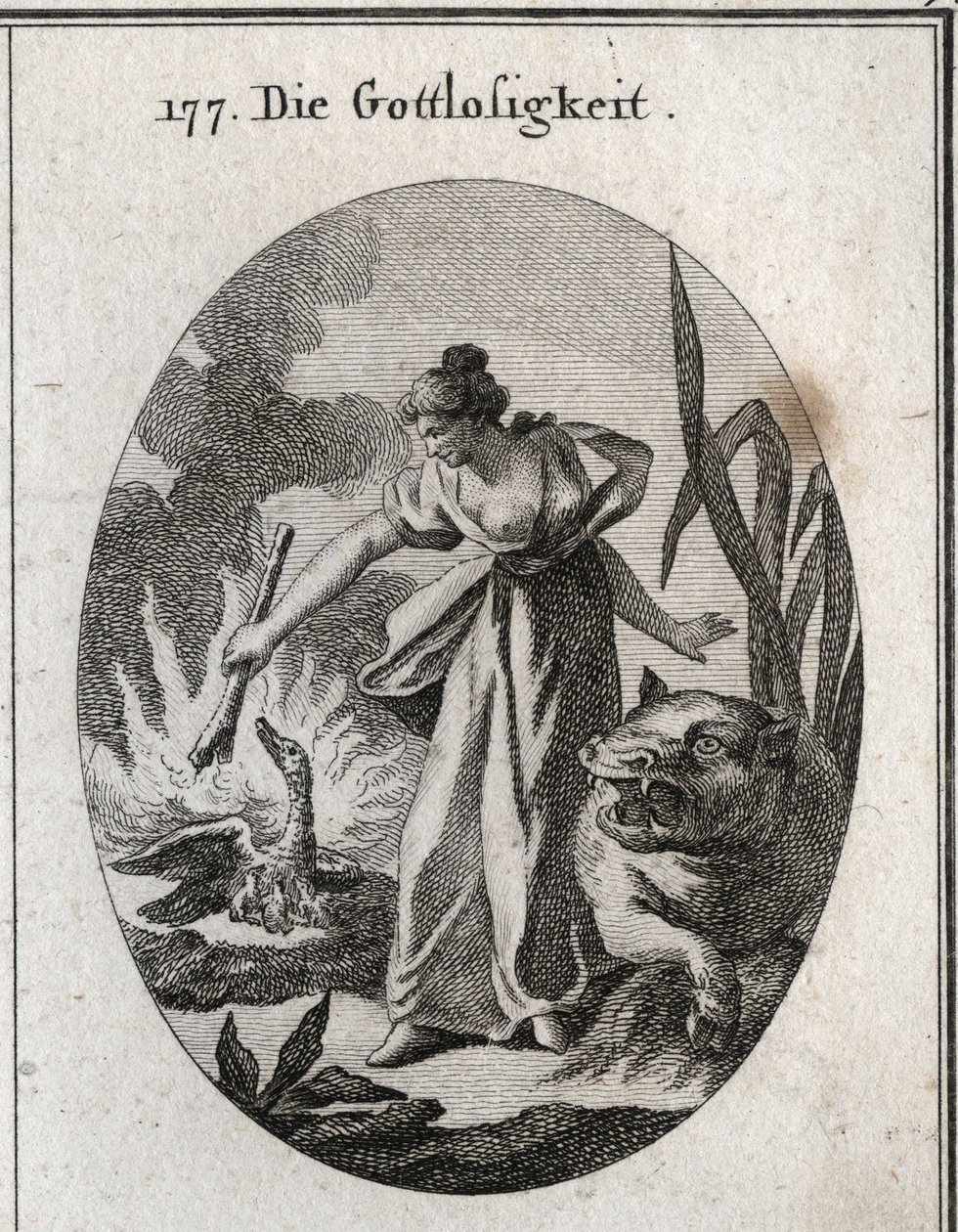 Alegoria do impieto segurando uma tocha da qual queima um pelicano em seu ninho com seus filhotes. O seu atributo é o hipopótamo. Gravura em "Iconologie oder Ideen aus dem Gebiete der Leidenschaften und Allegorien bildestellt dargestellt fur Zeichner, Mahl de Austrian School