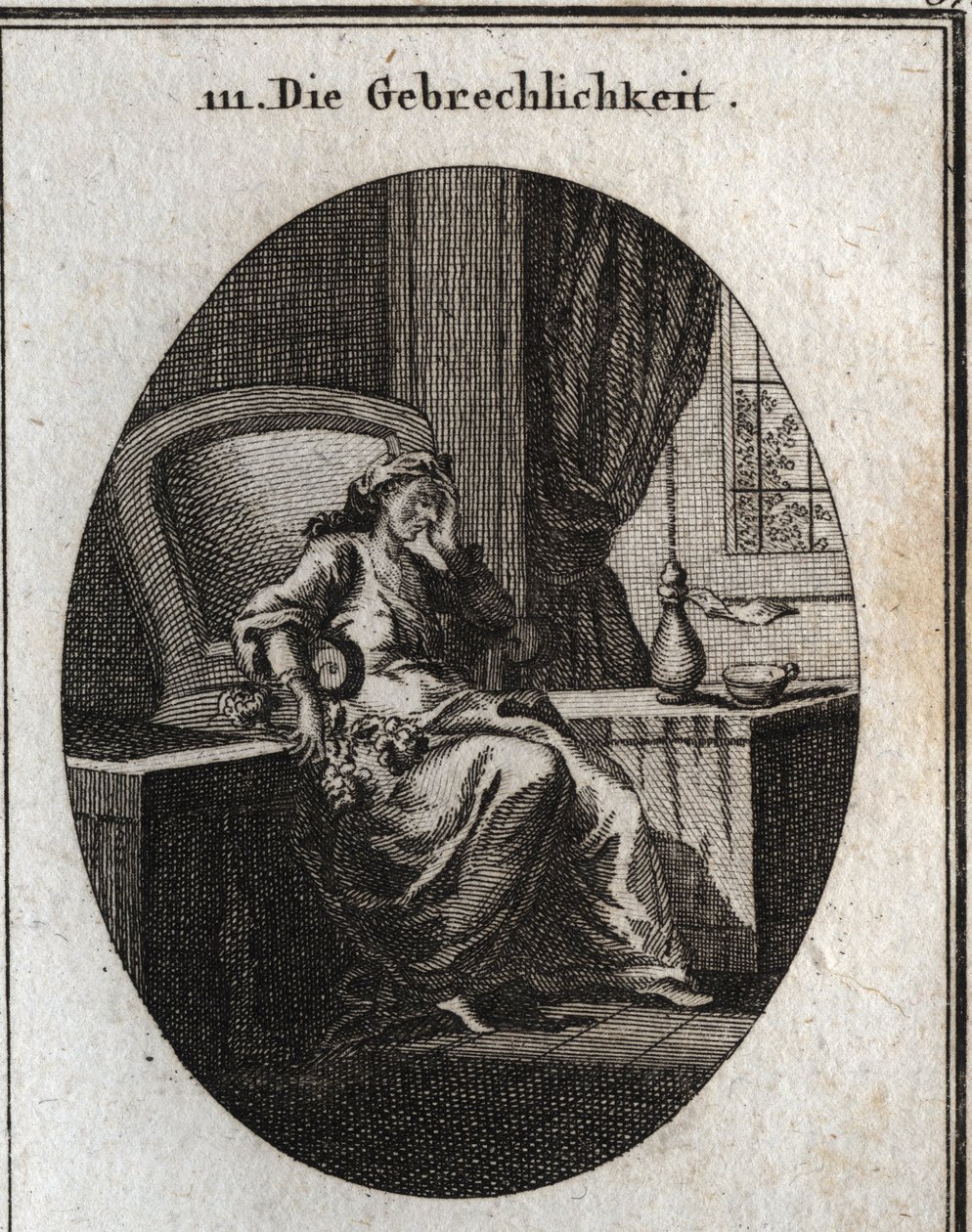 Alegoria da enfermidade representada sentado numa poltrona, segurando com uma mão a cabeça e com a outra um ramo de anémonas selvagens símbolo da doença. Gravura em "Iconologie oder Ideen aus dem Gebiete der Leidenschaften und Allegorien b de Austrian School