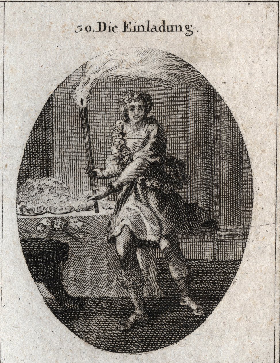Alegoria do convite como um jovem com cara de riso a convidar para uma mesa coberta de pratos. A tocha que ele segura é o atributo de Comus, deus das festas e festas noturnas. Gravura em "Iconologie oder Ideen aus dem Gebiete der Leidenschaften". de Austrian School