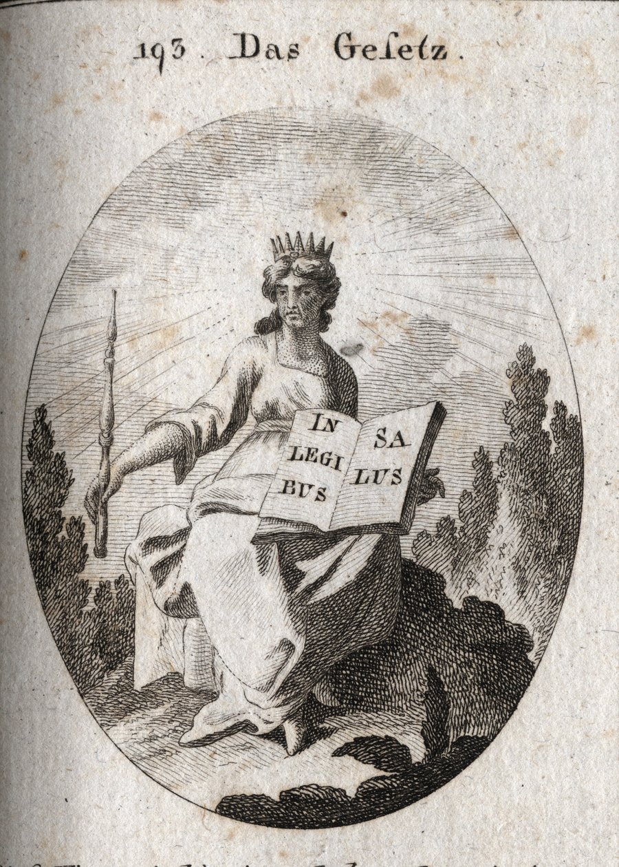 Alegoria da lei. O seu radiante diadema marca a sua origem divina. O cetro denota sua autoridade e o livro está aberto ou inscrito "In Legibus Salus" significa que promete uma recompensa para aqueles que o obedecem. Gravação em "Iconologie oder Ideen aus d de Austrian School