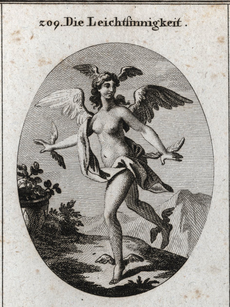 Alegoria da luz. Ela tem asas na cabeça, ombros, pés e mãos. Gravura em "Iconologie oder Ideen aus dem Gebiet der Leidenschaften und Allegorien bildestellt fur Zeichner, Mahler, Dichter, Gelehrte, Erzieher und freunde Hoherer G de Austrian School