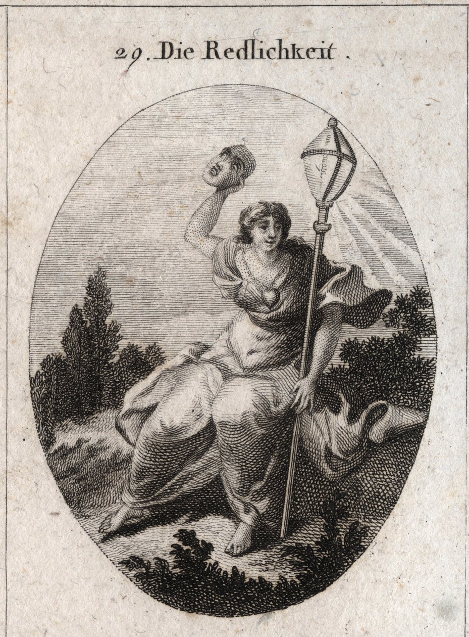 Alegoria do loyaut (ou sincero) lançando uma máscara que é o atributo do fingimento e da mentira. O seu emblema é uma lanterna de cristal símbolo do relâmpago. Um coração é desenhado em seu peito. Gravura em "Iconologie oder Ideen aus dem Gebiete der Leide de Austrian School
