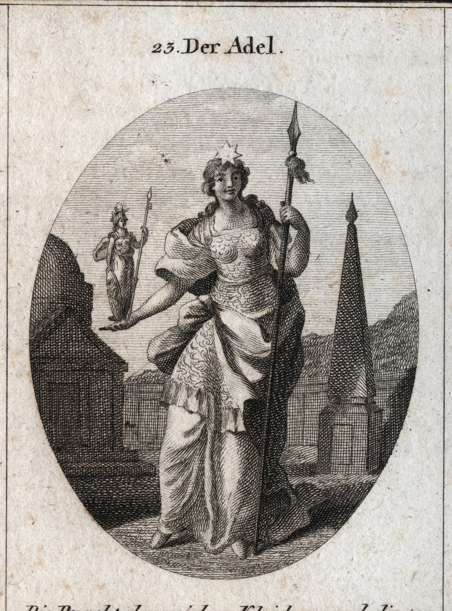 Alegoria da nobreza. A estrela significa a elevação dos sentimentos. A estátua de Minerva e a marca da lança que pode adquirir o mérito na ciência e nas armas. Gravura em "Iconologie oder Ideen aus dem Gebiete der Leidenschaften und Allegorien bild". de Austrian School