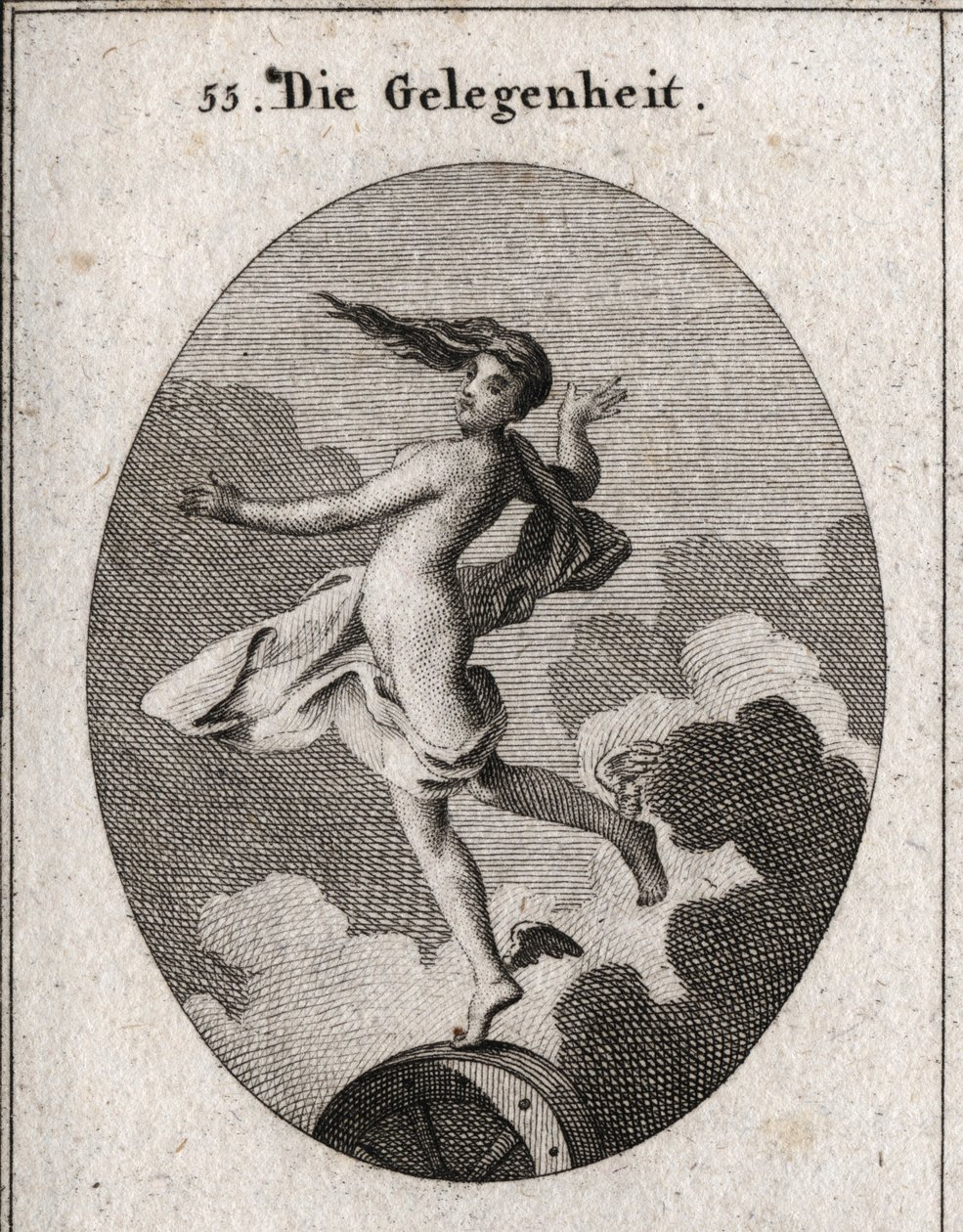 Alegoria da ocasião. Com as asas nos pés e cabelo para a frente, descansa ligeiramente sobre uma roda. Gravura em "Iconologia ou Idéias do Campo das Paixões e Alegorias ilustradas para desenhistas, pintores, poetas, estudiosos, educadores, &". de Austrian School