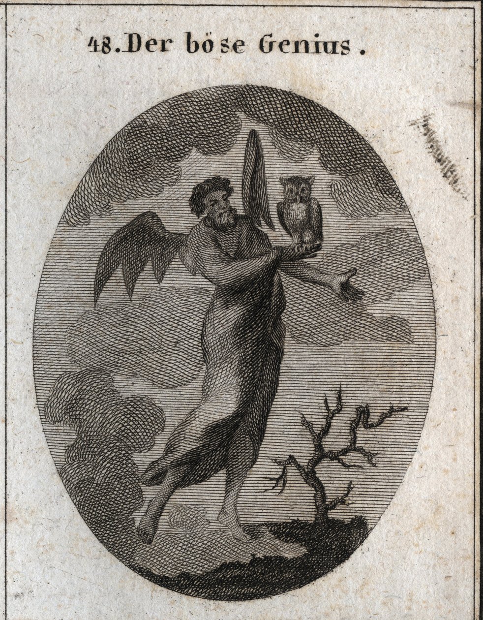 Alegoria do génio oposto representada por um génio mau com asas de morcego (morcego) e segurando uma coruja, ave de má prensagem. Gravura em "Iconologia ou Ideias do Campo das Paixões e Alegorias ilustradas para Desenhistas, Mahlers, Poetas de Austrian School