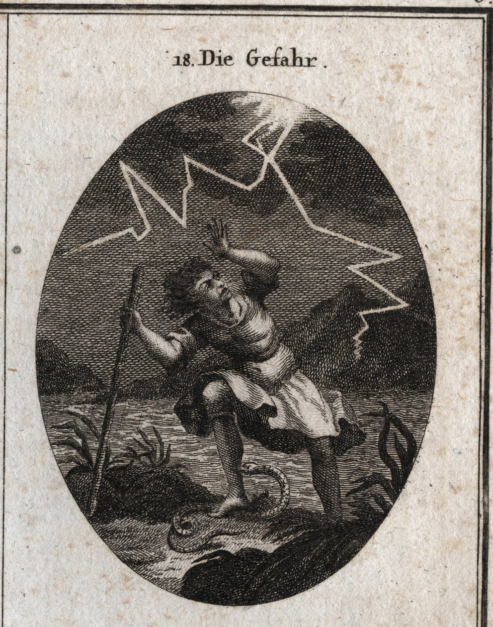 Alegoria do perigo representado por um jovem que escapa de um riacho rápido ao pôr os pés numa cobra que o pica e ao mesmo tempo um trovão o atinge atrás dele. Gravação em "Iconologie oder Ideen aus dem Gebiete der Leidenschaften und Allego de Austrian School