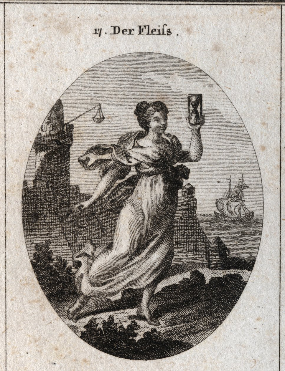 Alegoria da diligência representada andando rápido. Seus atributos são o relógio de areia (ampulheta) e o esporão símbolo de atividade e precisão. Gravura em "Iconologie oder Ideen aus dem Gebiete der Leidenschaften und Allegorien bildestellt dargestellt f de Austrian School
