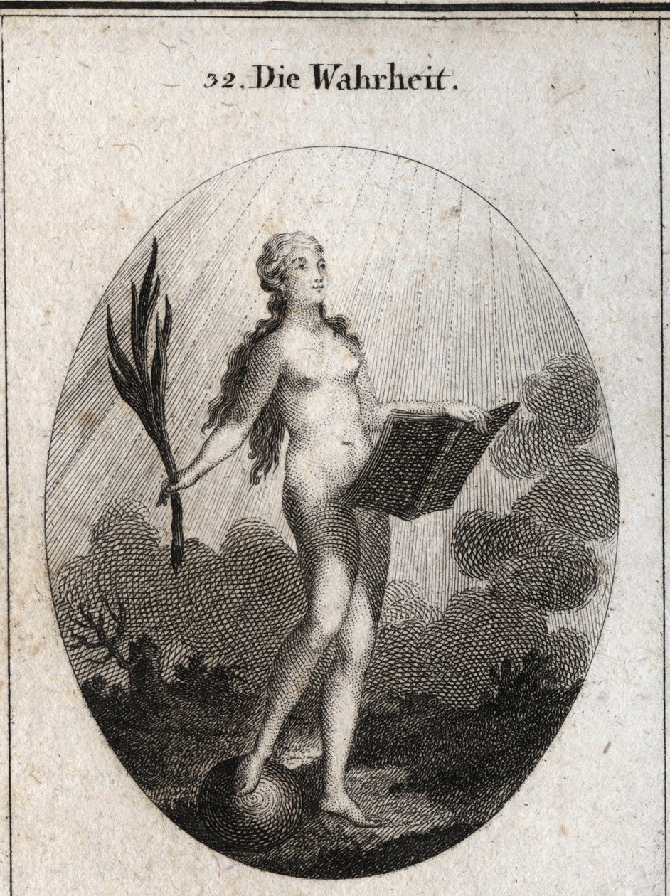 Alegoria da verdade representada nua sem artifício e olhares naturais para a luz do sol. A palma da mão simboliza o triunfo da fraude e o livro representa o estudo. Gravura em "Iconologie oder Ideen aus dem Gebiete der Leidenschaften und Allegor". de Austrian School