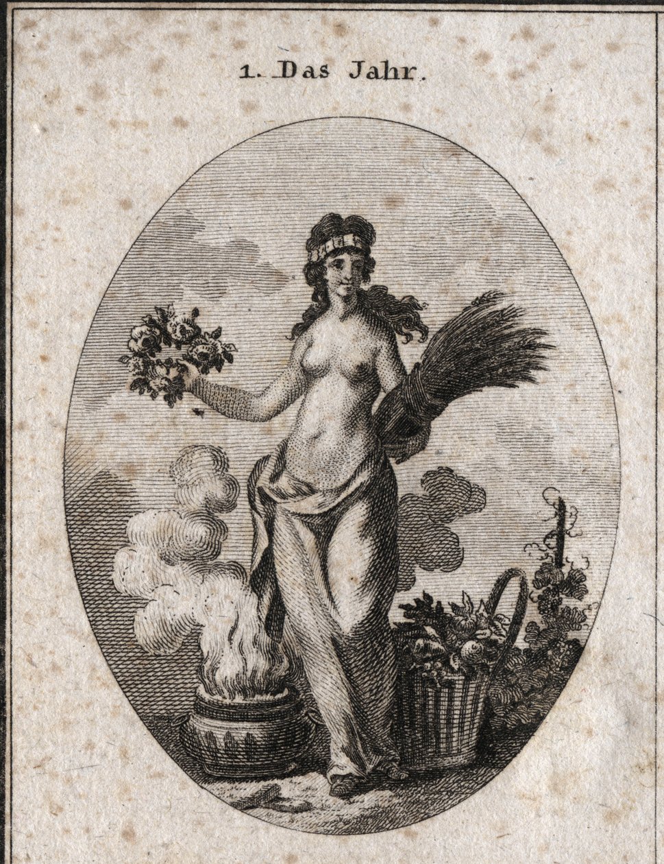 Alegoria do ano rodeada de símbolos das quatro estações (grinalda de flores para a primavera, grinalda de trigo para o verão, cesta de razão para o outono e vaso de fogo para o inverno). O ano está meio disfarçado em referência aos graus de calor e frio co de Austrian School