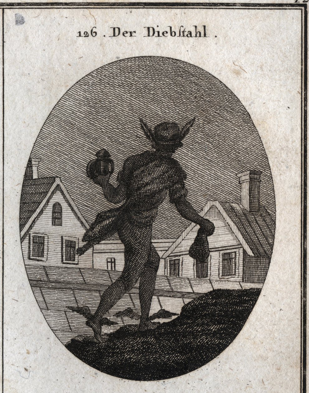 Alegoria de roubo representada por um homem caminhando na noite com uma lanterna surda e uma bolsa nas mãos. As asas nos seus pés mostram que ele está pronto para correr. Gravação em "Iconologie oder Ideen aus dem Gebiete der Leidenschaften und Allegorien  de Austrian School