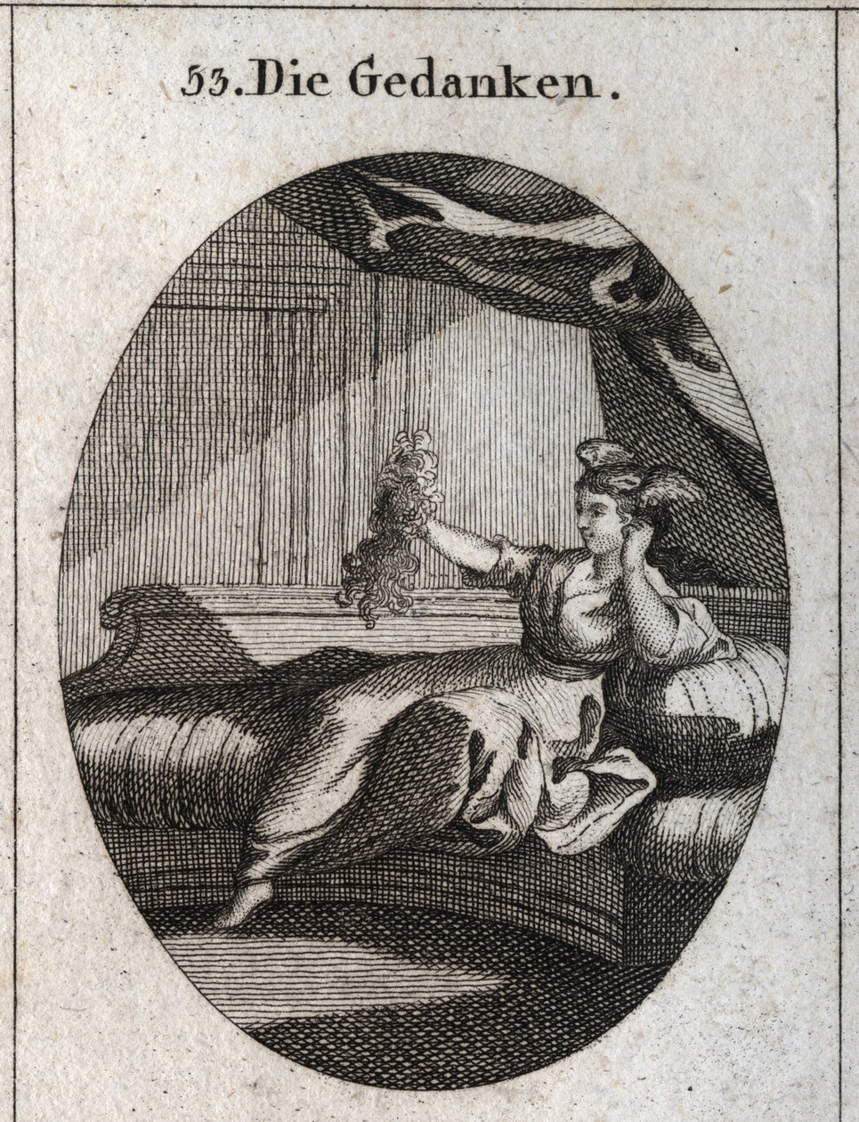 Alegoria de pensamentos representados com asas na cabeça e segurando um monte de fios emmeles imagem do embaraço que os vários pensamentos dão. Gravura em "Iconologie oder Ideen aus dem Gebiete der Leidenschaften und Allegorien bildich darges". de Austrian School