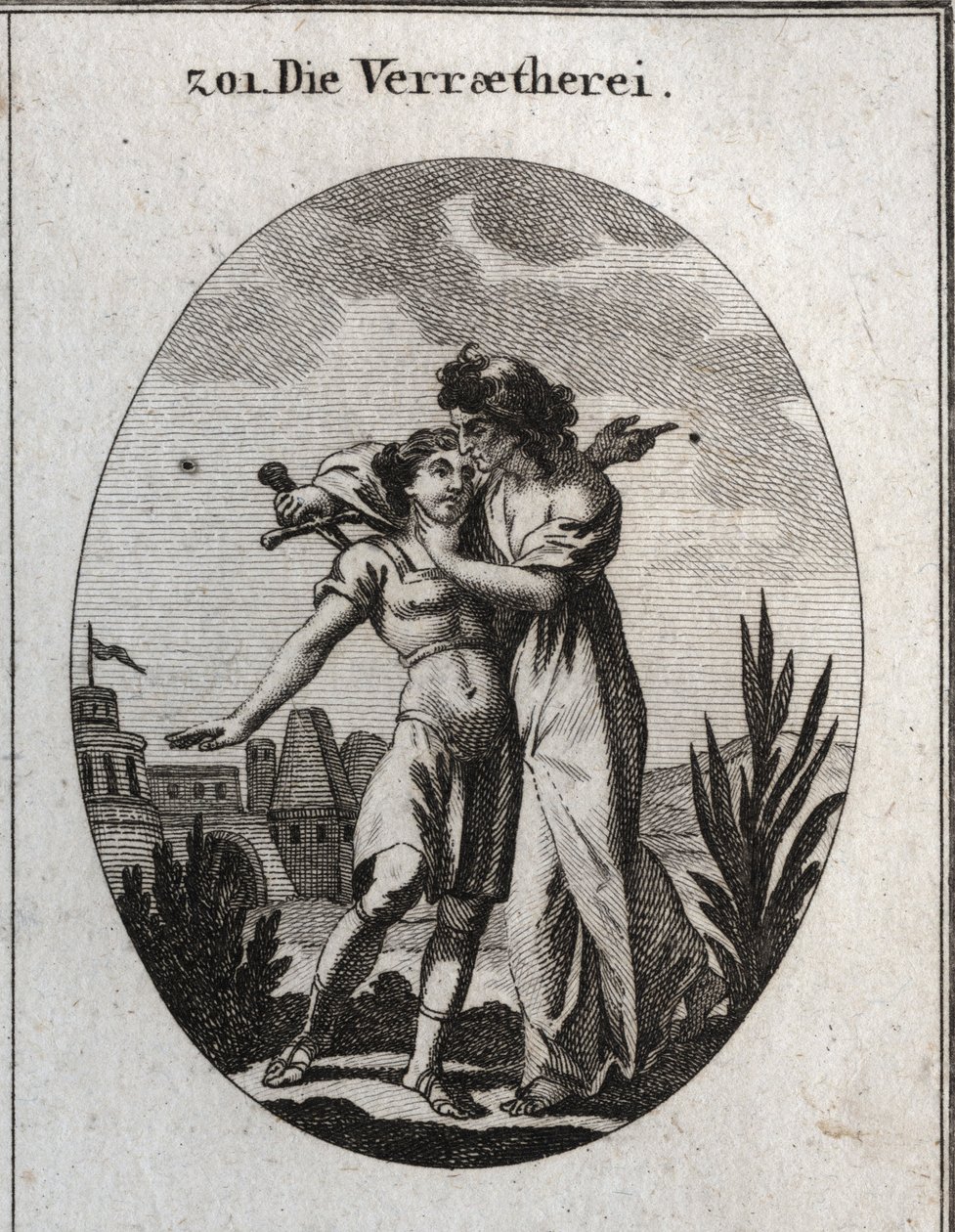 Alegoria de traição. Uma velha horrível acaricia um jovem bonito e, ao mesmo tempo, prepara-se para o esfaquear. Gravura em "Iconologia ou Ideias do Campo das Paixões e Alegorias ilustradas pictóricamente para desenhistas, pintores, poetas, Gele de Austrian School