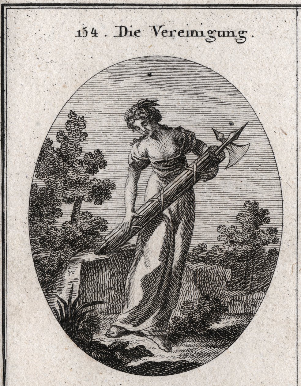 Alegoria da união. coroada com oliveira símbolo da paz, e alegria representando o alívio. Flui sobre um monte de paus firmemente amarrados sem dobrar a imagem de força e união. Gravura em "Iconologie oder Ideen aus dem Gebiete der Leidenschaf de Austrian School