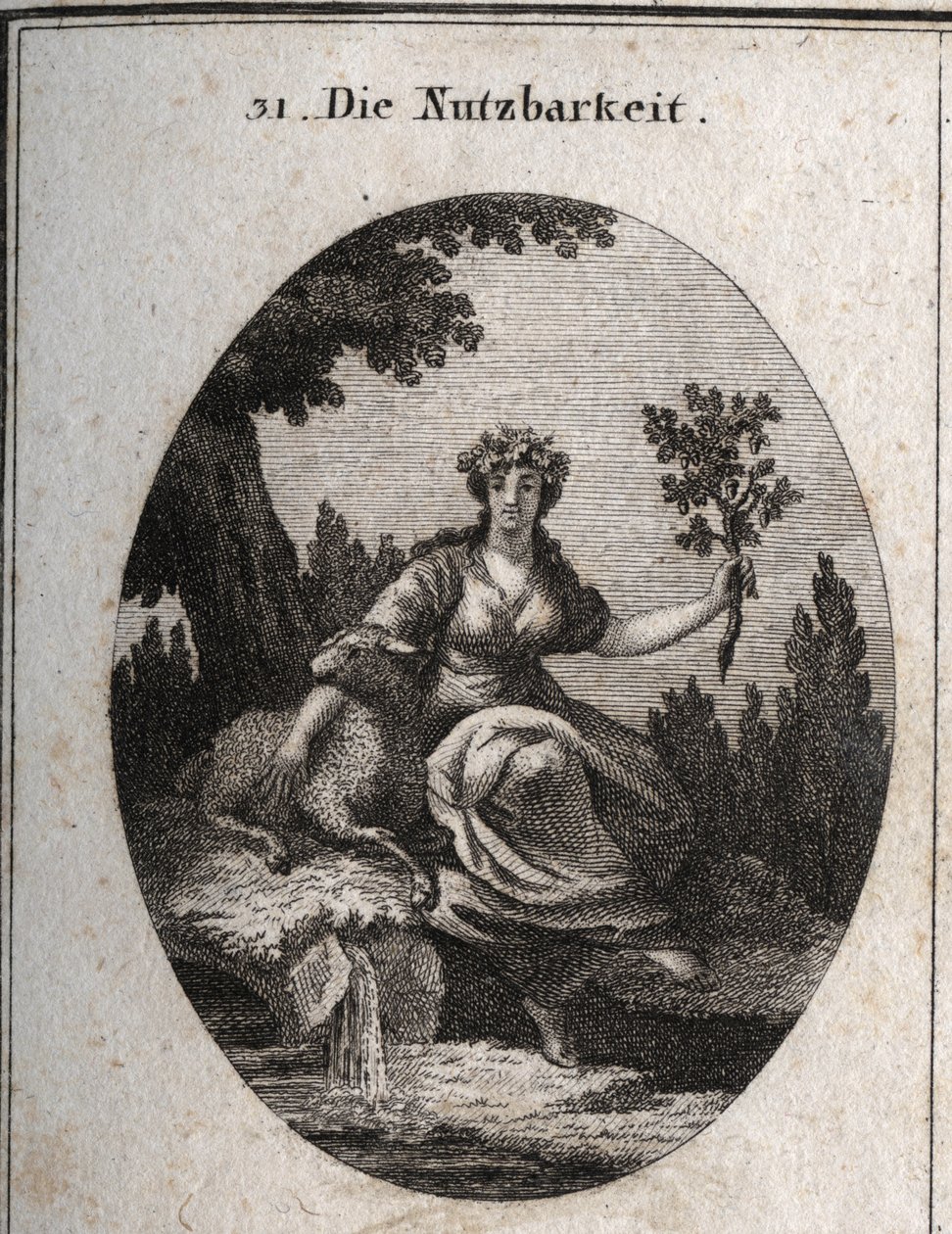 Alegoria de utilidade. Coroada com uvas e apuyee em uma ovelha, ela segura um ramo de carvalho cheio de frutas e folhas simbolizando coisas úteis à vida, assim como a água da nascente perto da qual ela se senta. Gravura em "Iconologie oder Ideen aus dem Ge de Austrian School