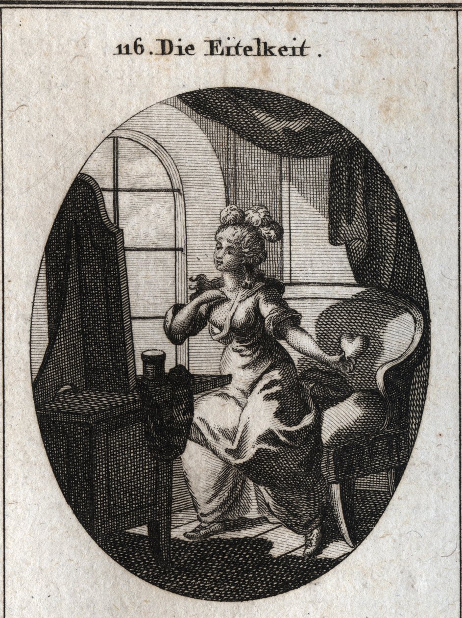 Alegoria da vaidade. Desejando agradar e ser considerada, ela é representada em frente ao seu banheiro se lisonjeando em frente ao espelho com um coração na mão. Gravura em "Iconologie oder Ideen aus dem Gebiete der Leidenschaften und Allegorien". de Austrian School