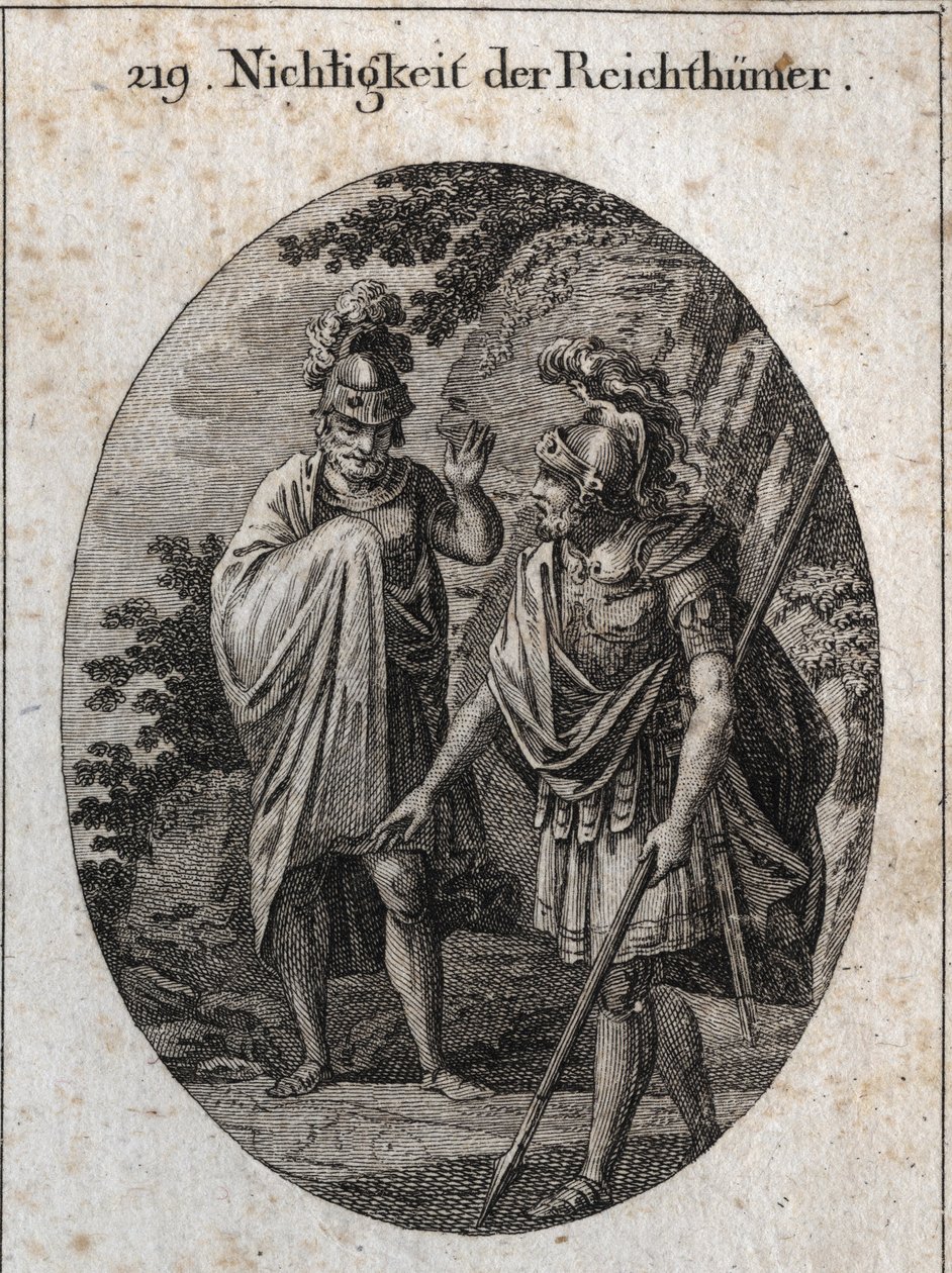 Alegoria da vaidade das riquezas: O Imperador Constantino O Grande traço na Terra com a sua lança um corpo humano e diz: "Se viesseis a adquirir todas as riquezas do mundo, no final, só restaria este espaço, se vos fosse concedido. Gravando em de Austrian School