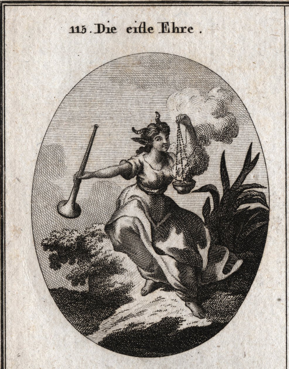 Alegoria de glória venosa segurando uma trombeta e respirando o cheiro do incenso com satisfação. Gravura em "Iconologia ou Idéias do Campo das Paixões e Alegorias ilustradas para desenhistas, pintores, poetas, estudiosos, educadores, e de Austrian School