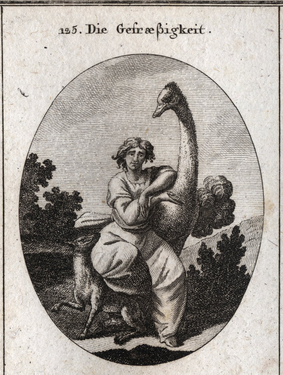 Alegoria de voracite. A avestruz é o atributo da ganância, acrescentamos um lobo magro e faminto para uma maior voracidade. Gravação em "Iconologie oder Ideen aus dem Gebiet der Leidenschaften und Allegorien bildestellt fur Zeichner, Mahler, Dichter, G de Austrian School