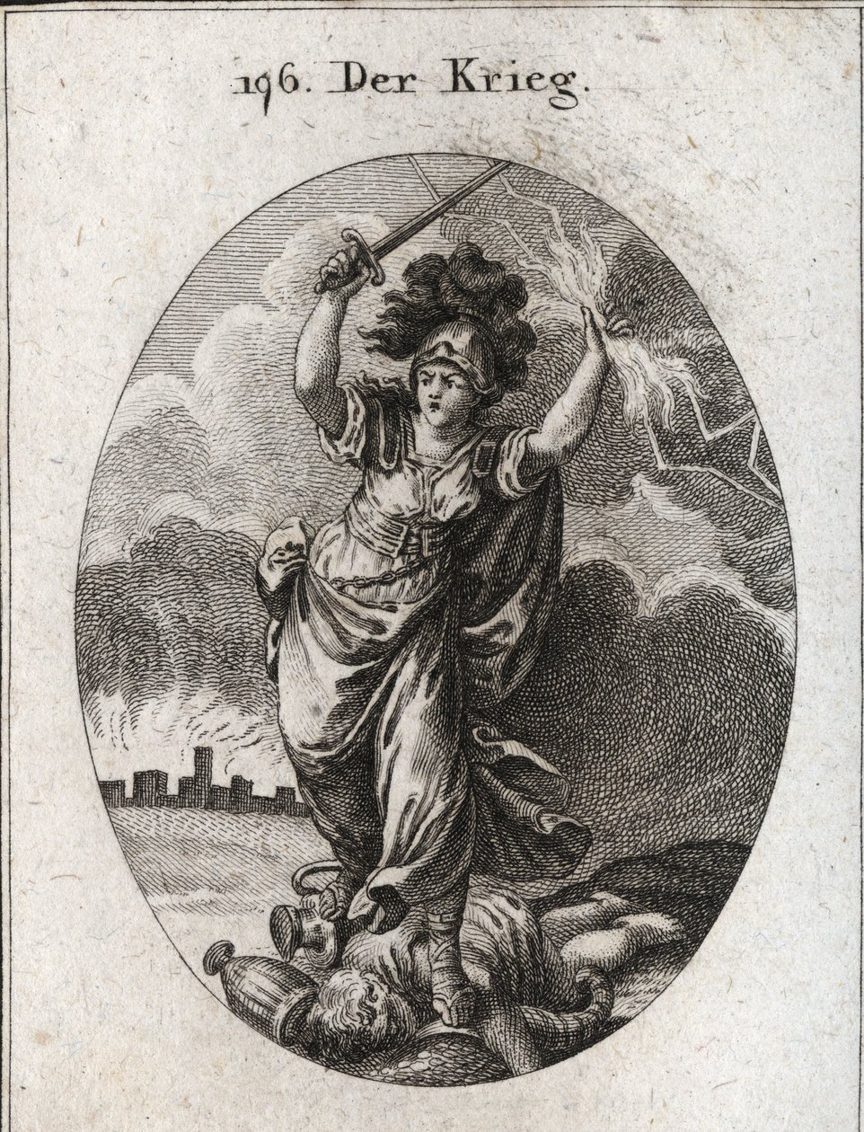 Alegoria de guerra. Ela segura um relâmpago e uma espada nua e quebra sob seus pés vasos de ouro e prata e uma estátua do deus Plutus que é simbolizada por um chifre de abundância e uma venda. No fundo, as muralhas de uma cidade em ruínas. Gravura em "Ic de Austrian School
