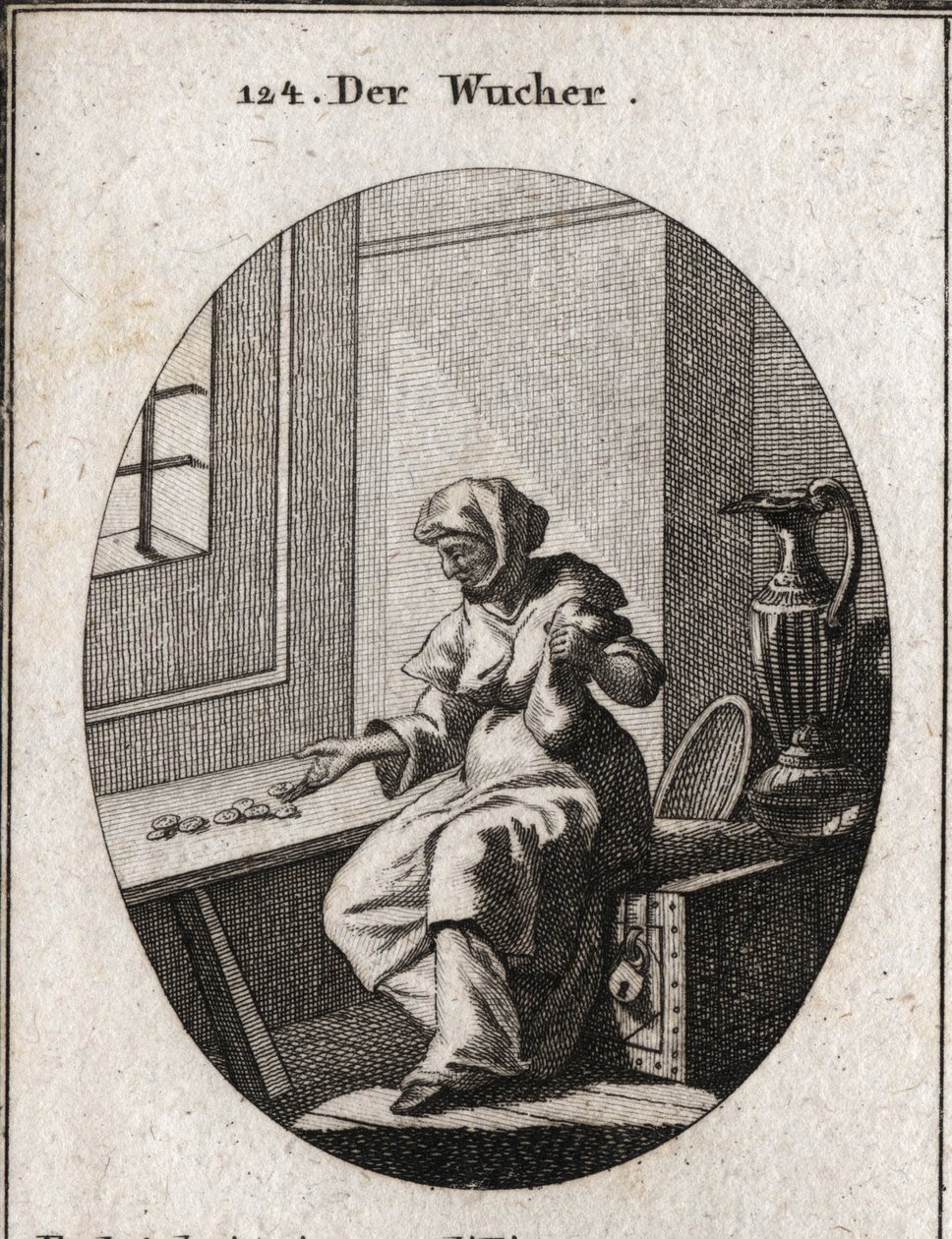 Alegoria de desgaste sentada num cofre, ela conta moedas. Outras riquezas estão perto dela para maior segurança. Gravura em "Iconologia ou ideias do campo das paixões e alegorias ilustradas para desenhistas, pintores, poetas, estudiosos, educadores de Austrian School