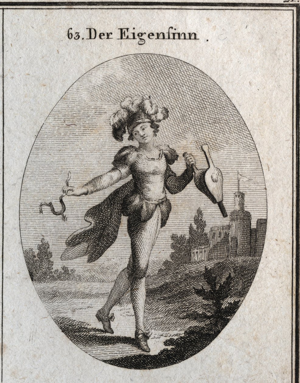 Alegoria de capricho. Seu traje e suas penas marcam a inconstância das fntaisias dos caprichosos. O fole e o esporão que ele segura mostram que ele elogia tanto a virtude quanto o vício indiferente. Gravura em "Iconologie oder Ideen aus dem Gebiete der Lei de Austrian School