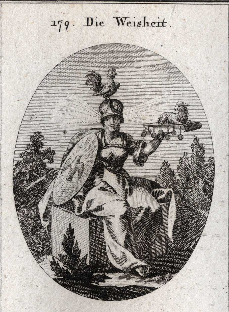 Alegoria da sabedoria. A sua roupa e as suas armas brancas definem a sua força e pureza. O galo no seu capacete é o símbolo da sua inteligência e vigilância. Os raios de luz que saem dos seus templos significam dignidade e santidade. O livro firme de sete de Austrian School