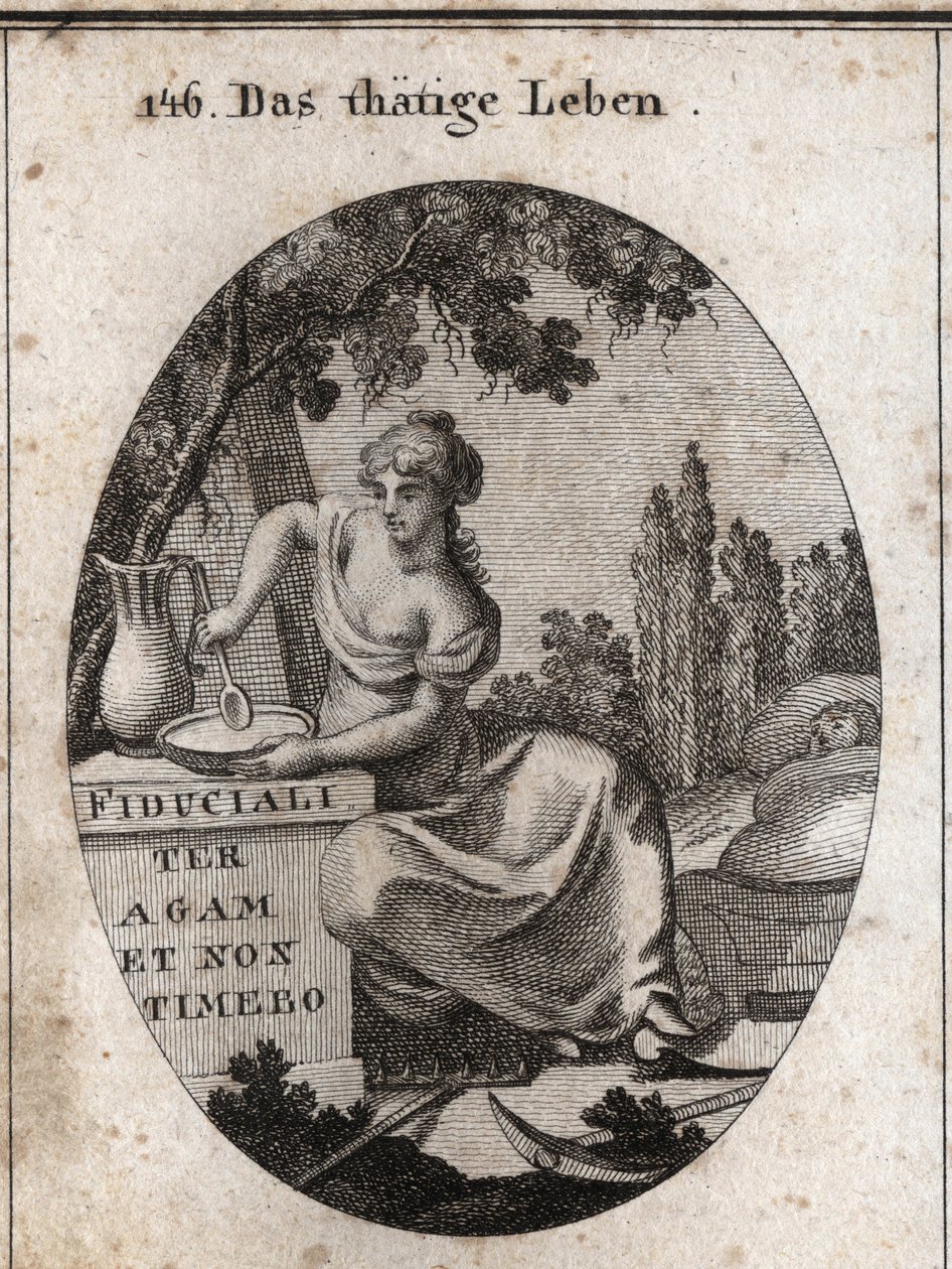 Alegoria da vida profissional à sombra de uma vinha. Ela é representada preparando-se para comer em um lago e balançando com o pé uma criança. Instrumentos de lavoura são colocados ao lado dela. Gravura em "Iconologie oder Ideen aus dem Gebiete der Leidens de Austrian School