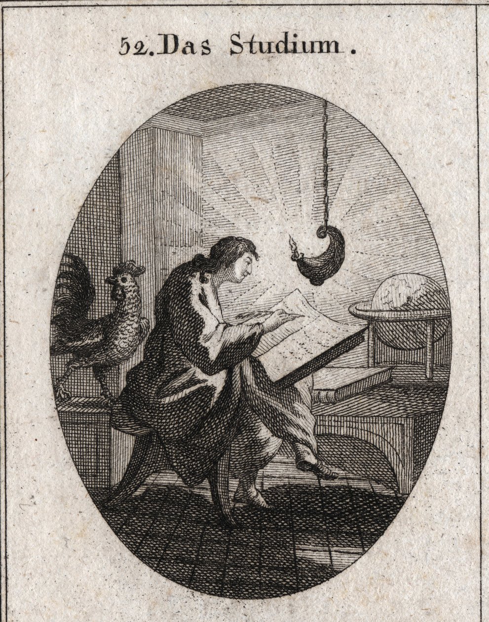 Alegoria de escrever para uma mesa iluminada pela luz. O galo é o atributo da viligência. Gravação em "Iconologie oder Ideen aus dem Gebiet der Leidenschaften und Allegorien bildestellt fur Zeichner, Mahler, Dichter, Gelehrte, Erzieher und de Austrian School