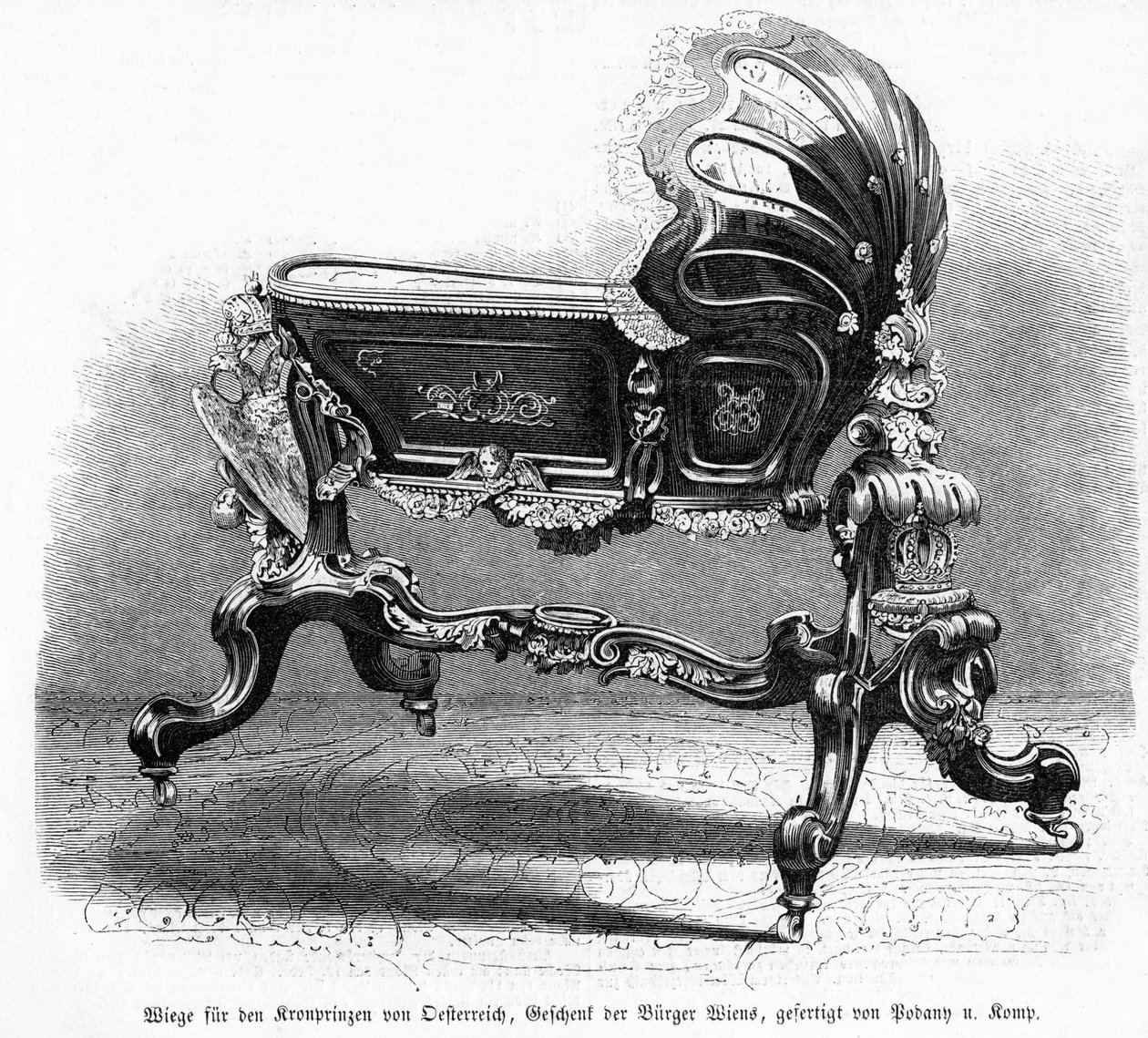 Berço do austríaco príncipe herdeiro, ilustração de Leipziger Illustrirte Zeitung, 1859 (gravura em madeira) de Austrian School
