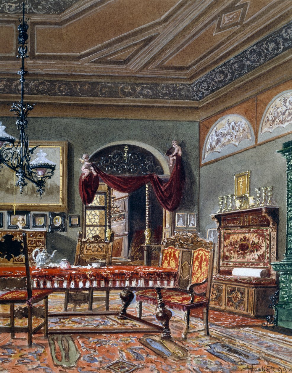 Biedermeier style hall, aguarela, Áustria de Austrian School