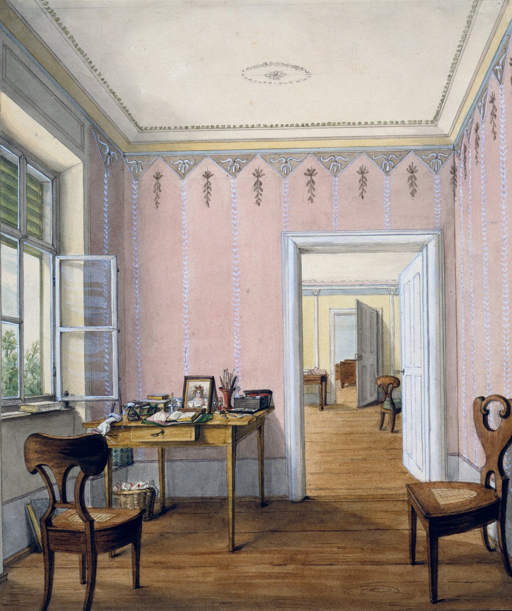 Biedermeier style interior, cerca de 1840, aguarela, Áustria de Austrian School
