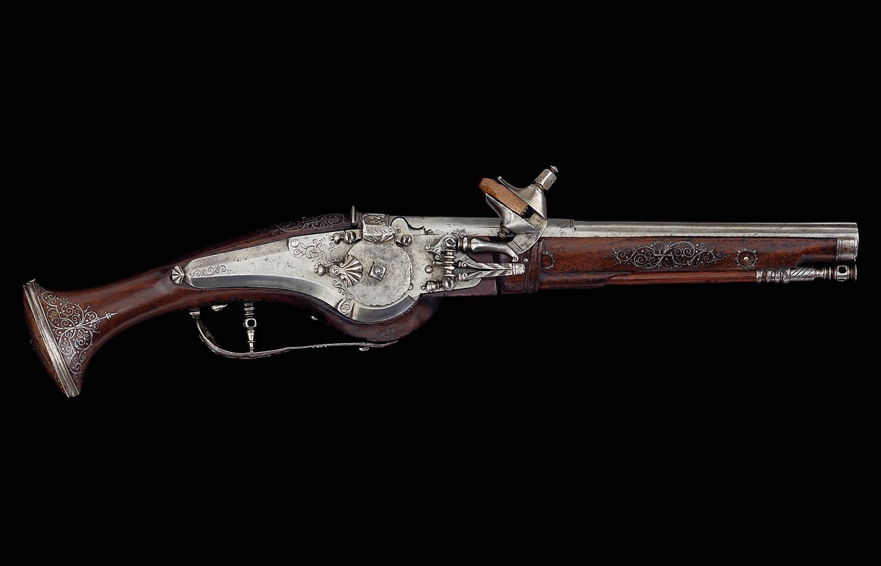 Pistola Carinthian (Ferlach) com mecanismo de bloqueio de roda incorporando um sistema de segurança automático interno, c.1650 (aço e nogueira) de Austrian School