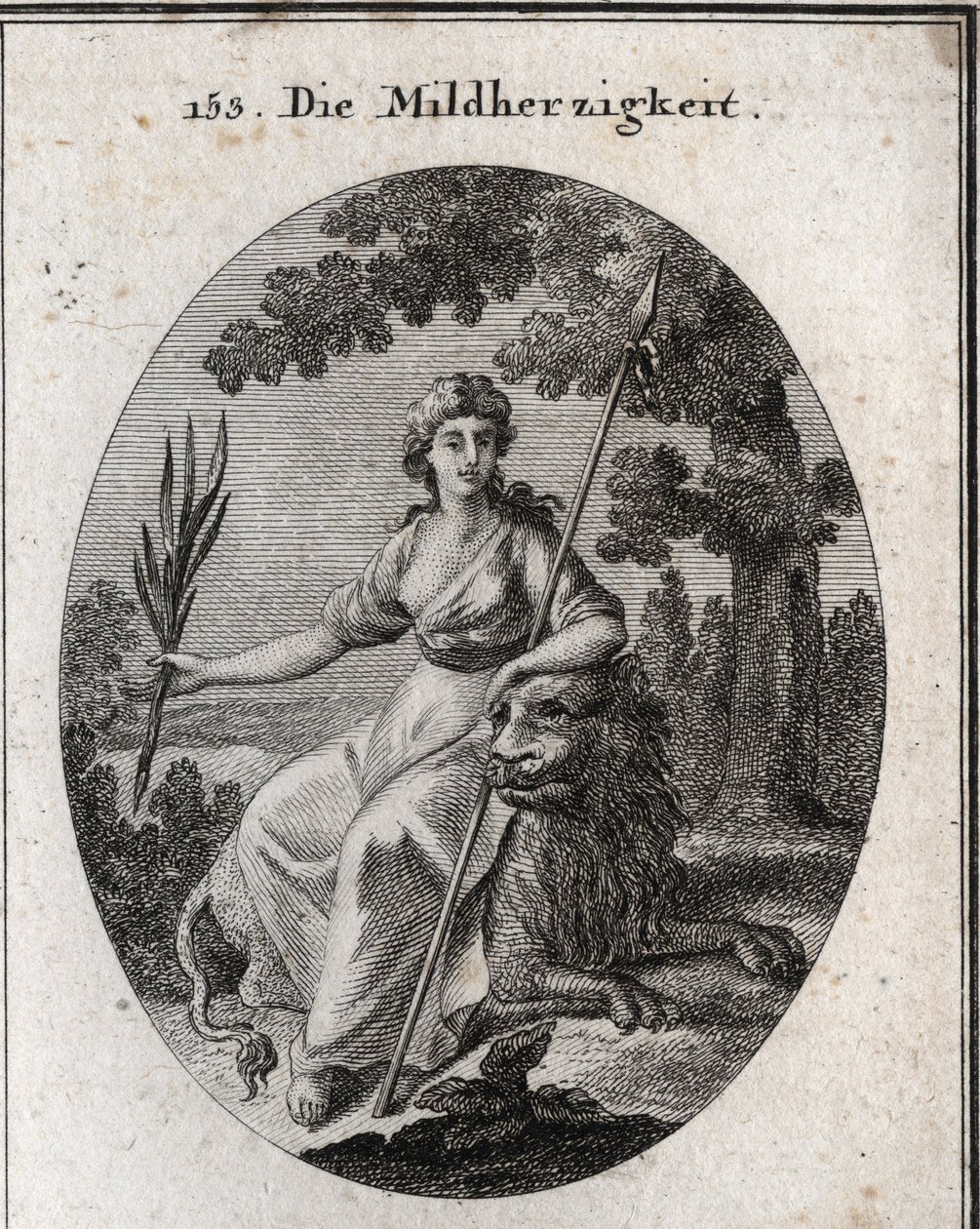 Alegoria de Clemence. Ela é representada segurando uma lança e um ramo de oliveira para indicar que ela tem o poder de punir, mas também de perdoar. O leão é o atributo da generosidade. Gravura em "Iconologie oder Ideen aus dem Gebiete der Leidenschaften u de Austrian School