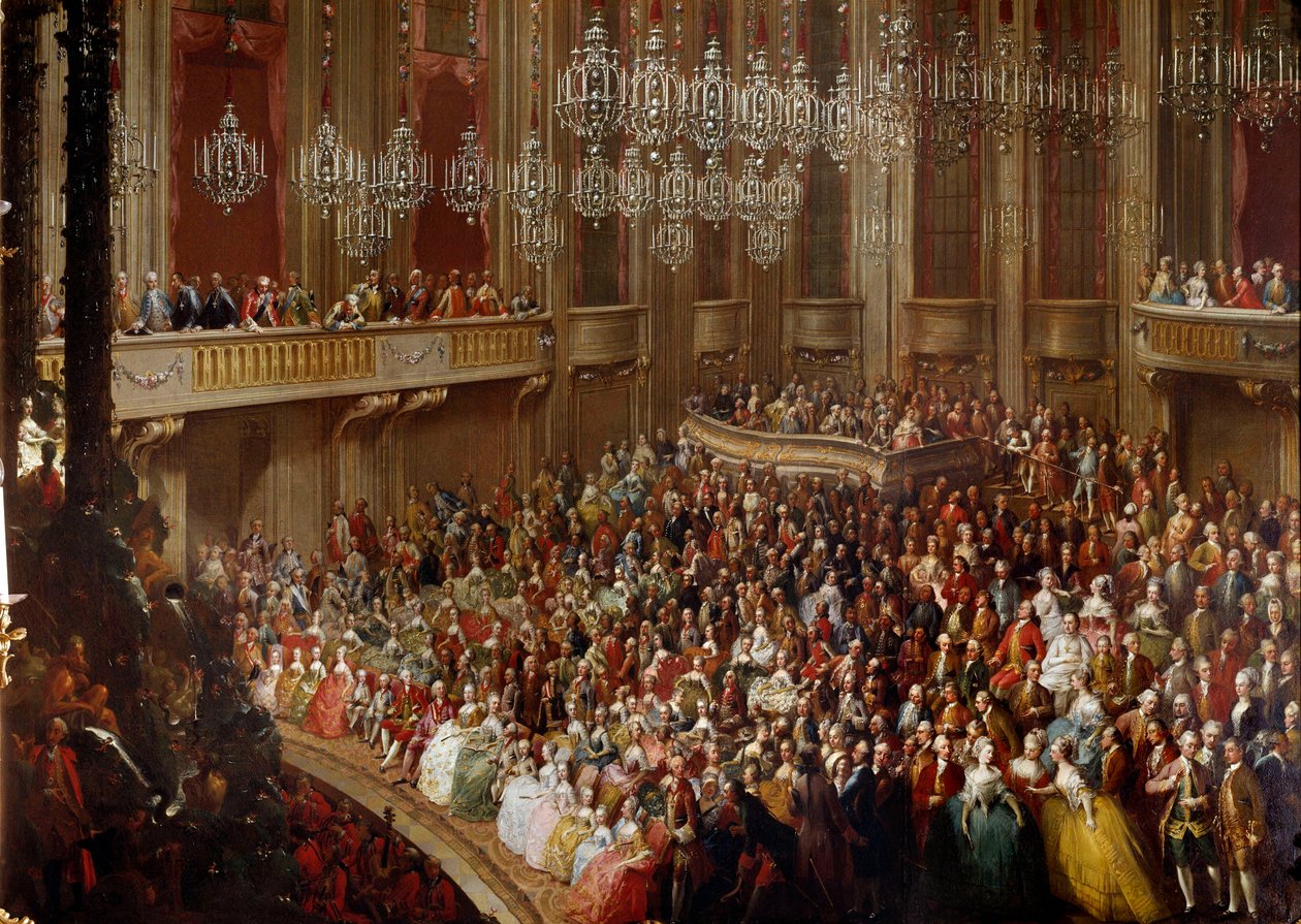 Concerto em Viena, na presença da família imperiosa. Pintura da escola austríaca do século XVIII. Castelo de Schonbrunn de Austrian School