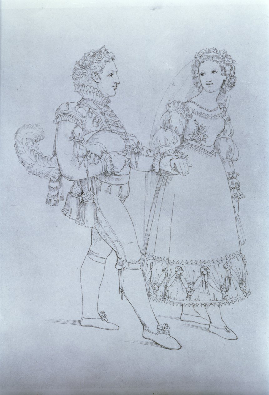 Figurinos para Figaro e Susanna da ópera &39;O Casamento de Figaro&39; por Wolfgang Amadeus Mozart (1756-91) (gravura) de Austrian School
