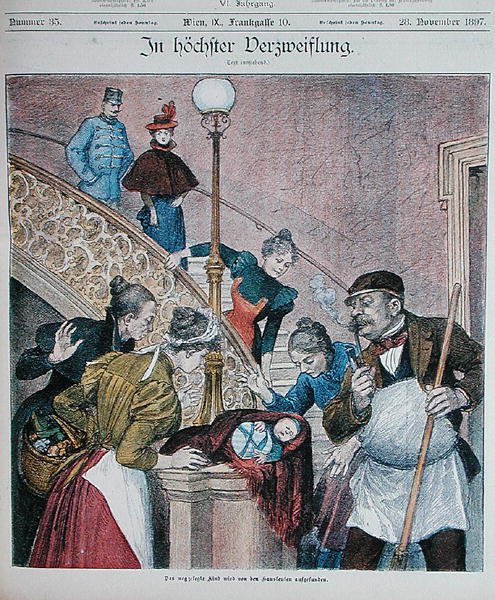 Capa de uma revista austríaca que retrata um bebé abandonado numa escadaria de um bloco de apartamentos, 28 de Novembro de 1897 (cor litho) de Austrian School