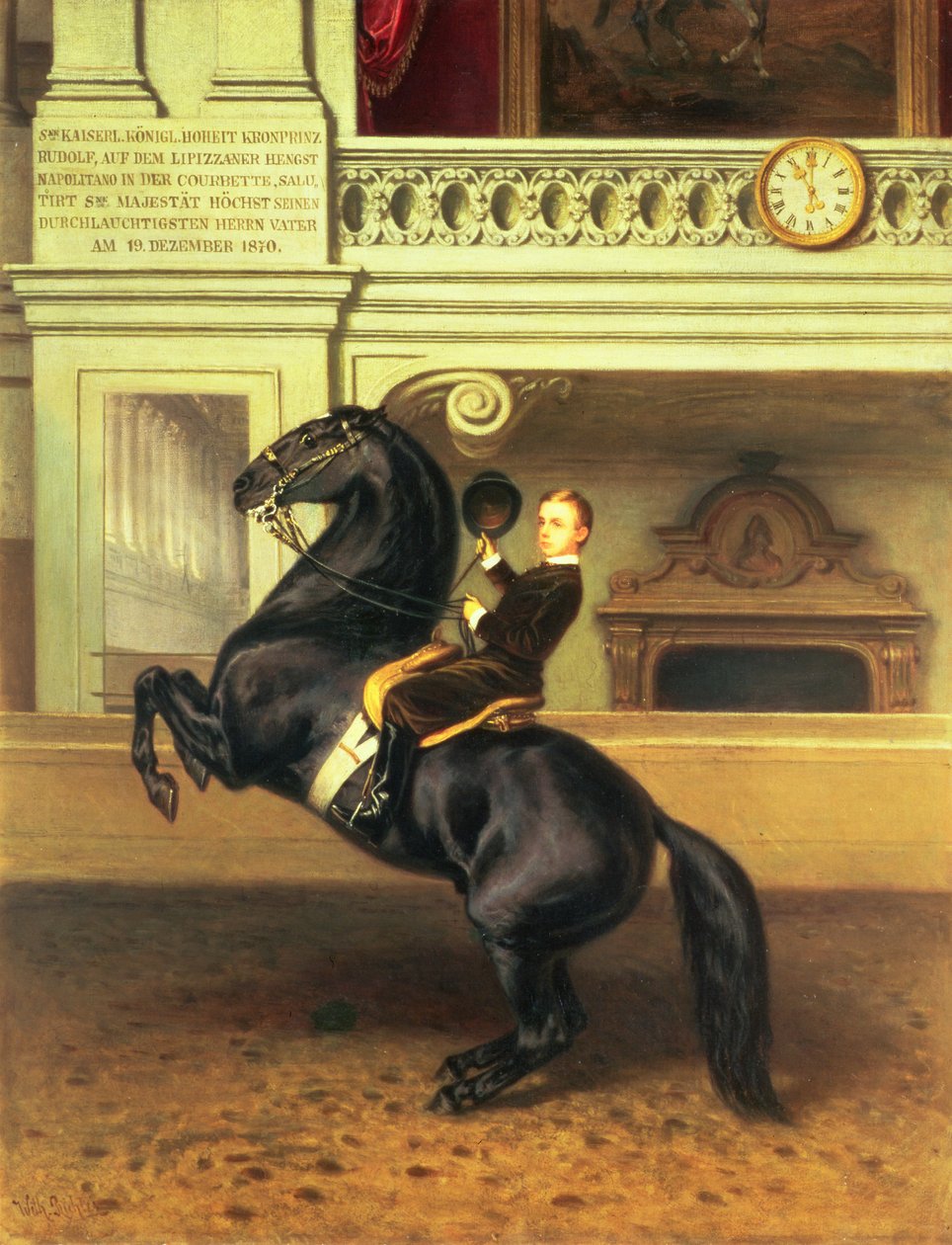 Príncipe herdeiro Rodolfo da Áustria (1858-1889) a cavalo na Escola de Equitação de Inverno do Hofburg, Viena, 1870 de Austrian School